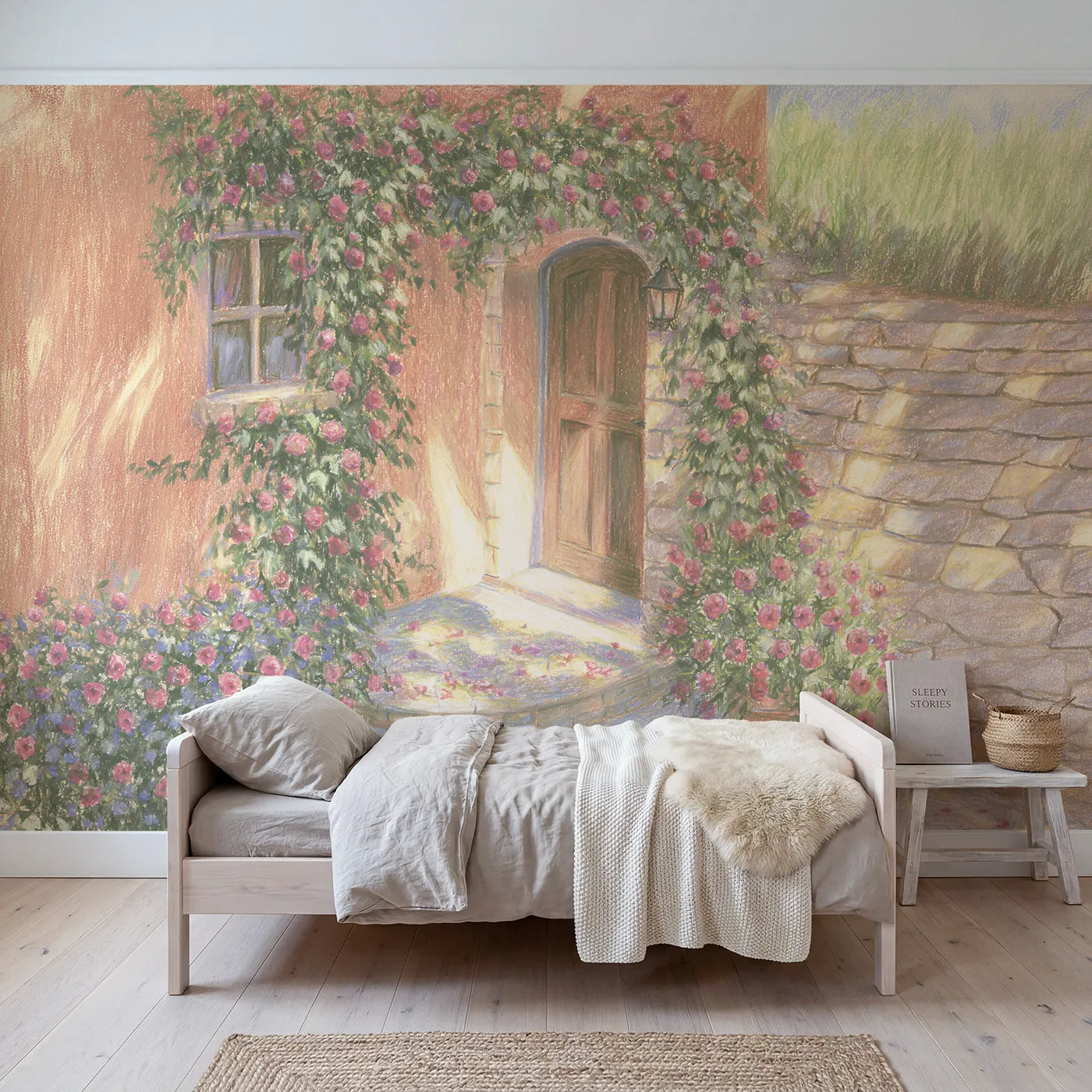 Colored pencil wall mural of a flower framed cottage door on warm cream by Whimsy Tots