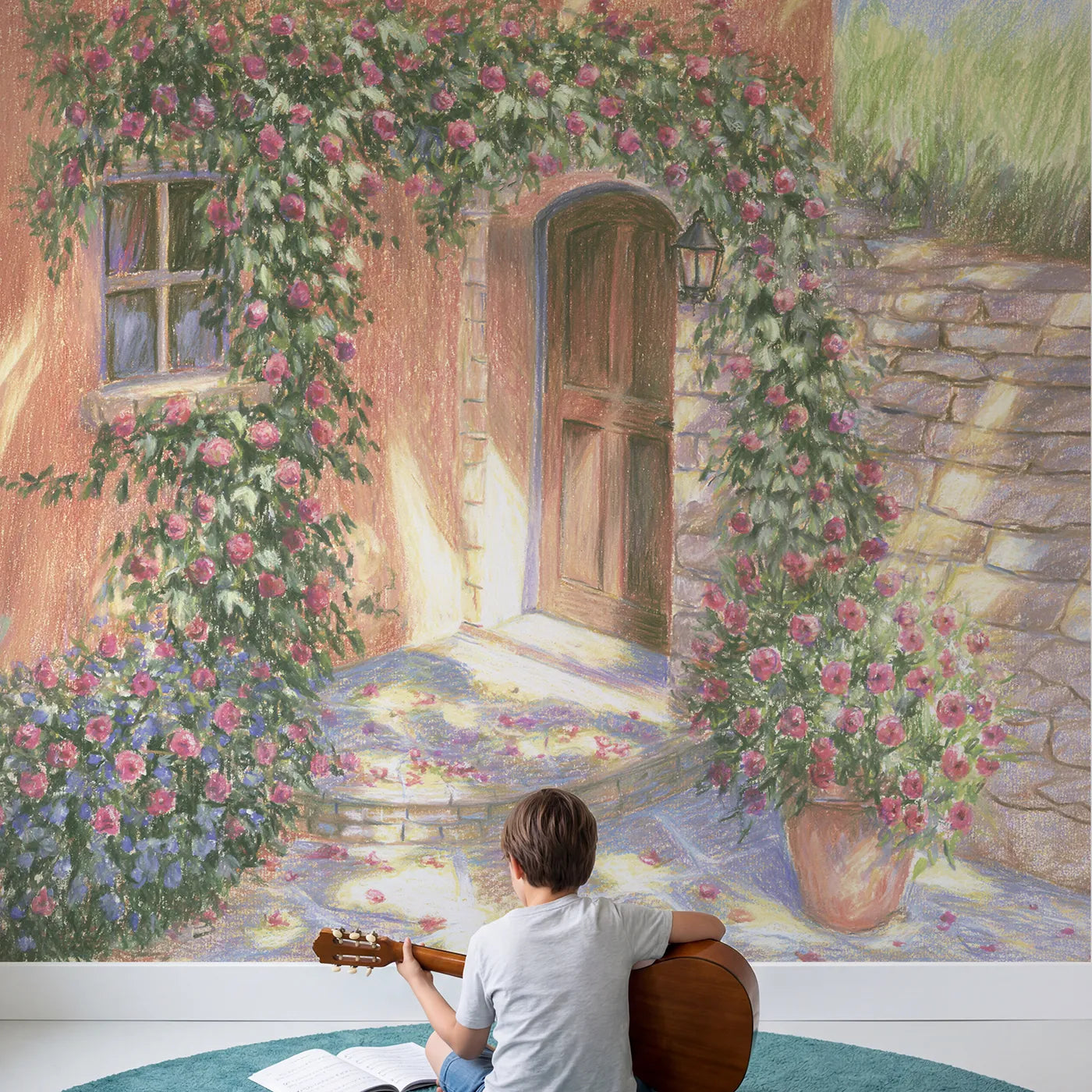 Child in nursery with Flower-Framed Cottage Door Wallpaper Mural by Whimsy Tots