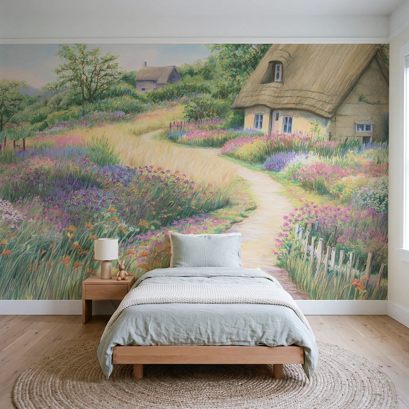 Colored pencil wall mural of a wildflower cottage garden on pale sage by Whimsy Tots