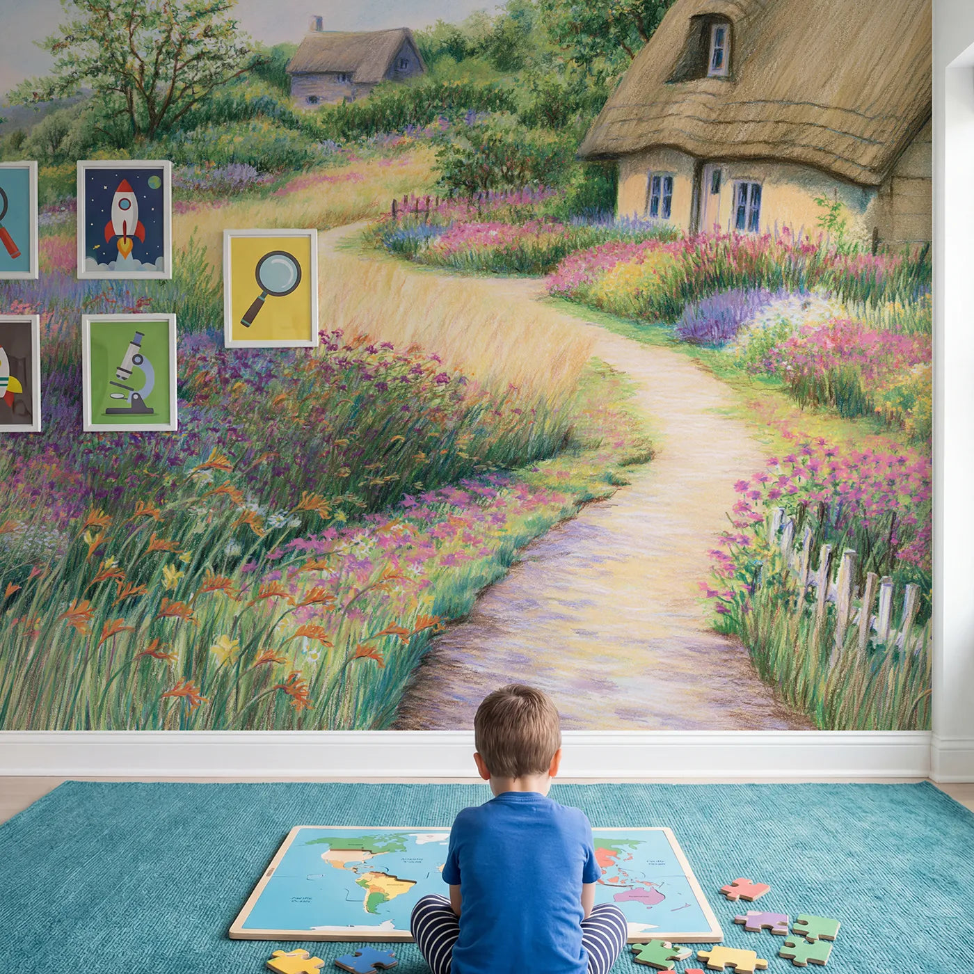 Child in nursery with Wildflower Cottage Garden Wallpaper Mural by Whimsy Tots