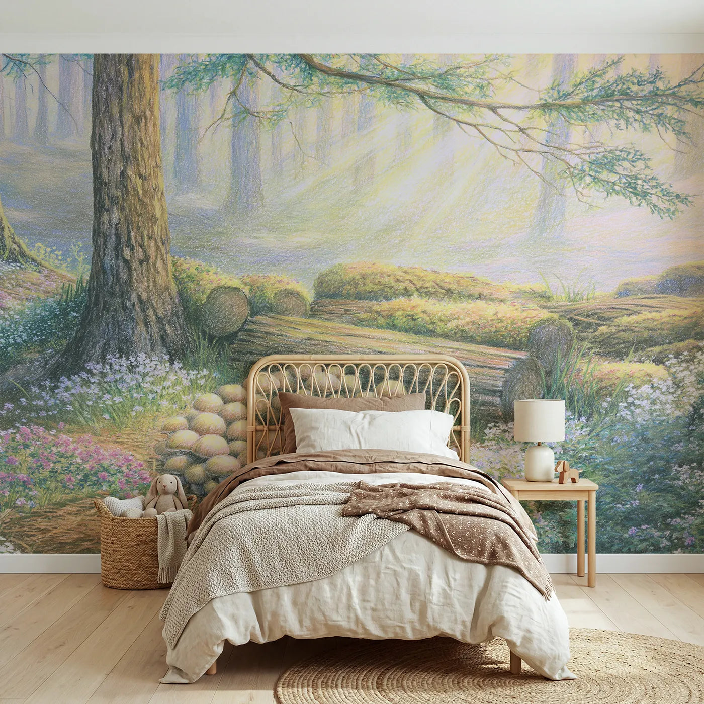 Colored pencil wall mural of a misty mushroom ring on pale sage by Whimsy Tots