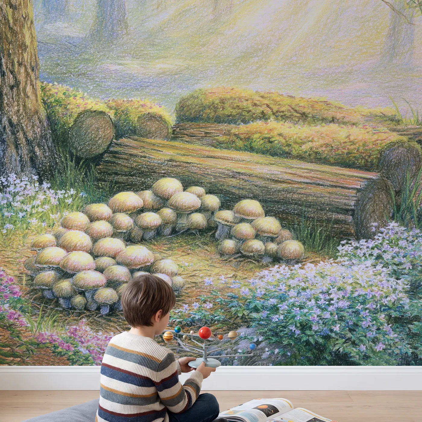 Child in nursery with Misty Mushroom Ring Wallpaper Mural by Whimsy Tots