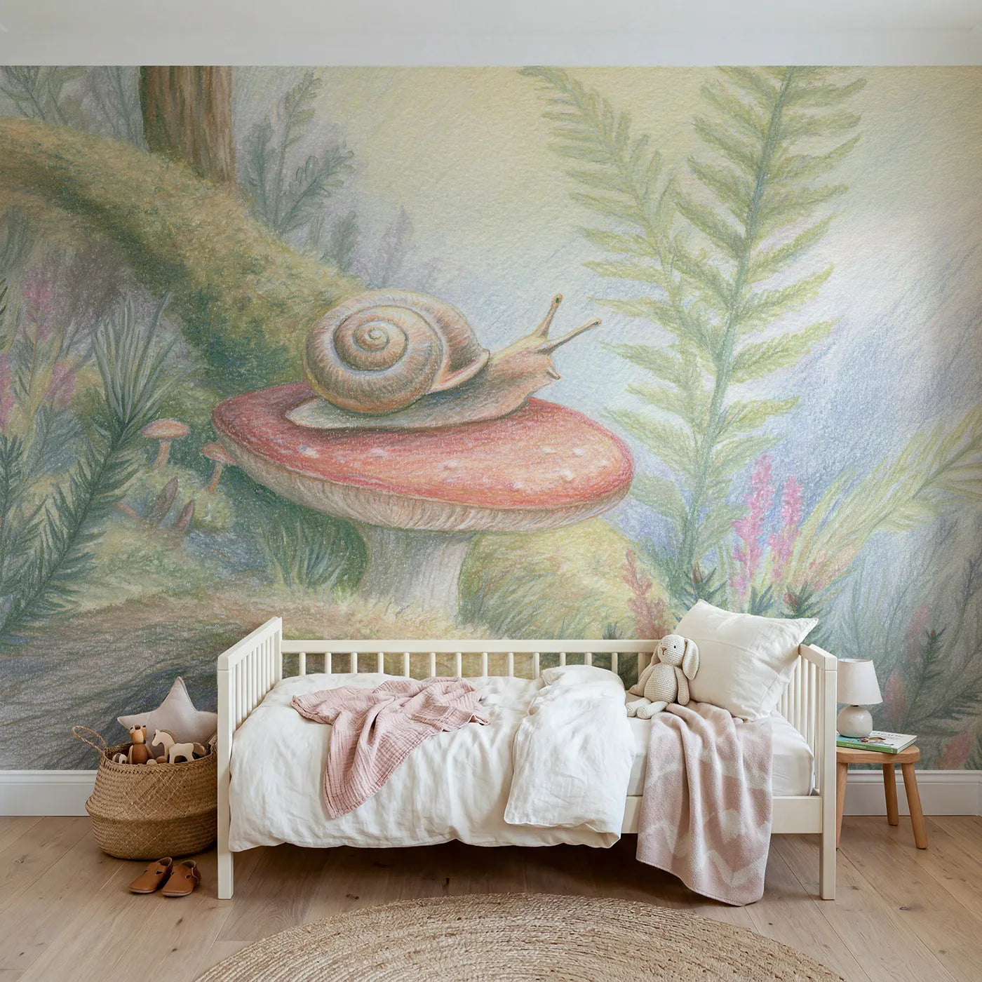 Colored pencil wall mural of a snail on a red toadstool on warm putty by Whimsy Tots