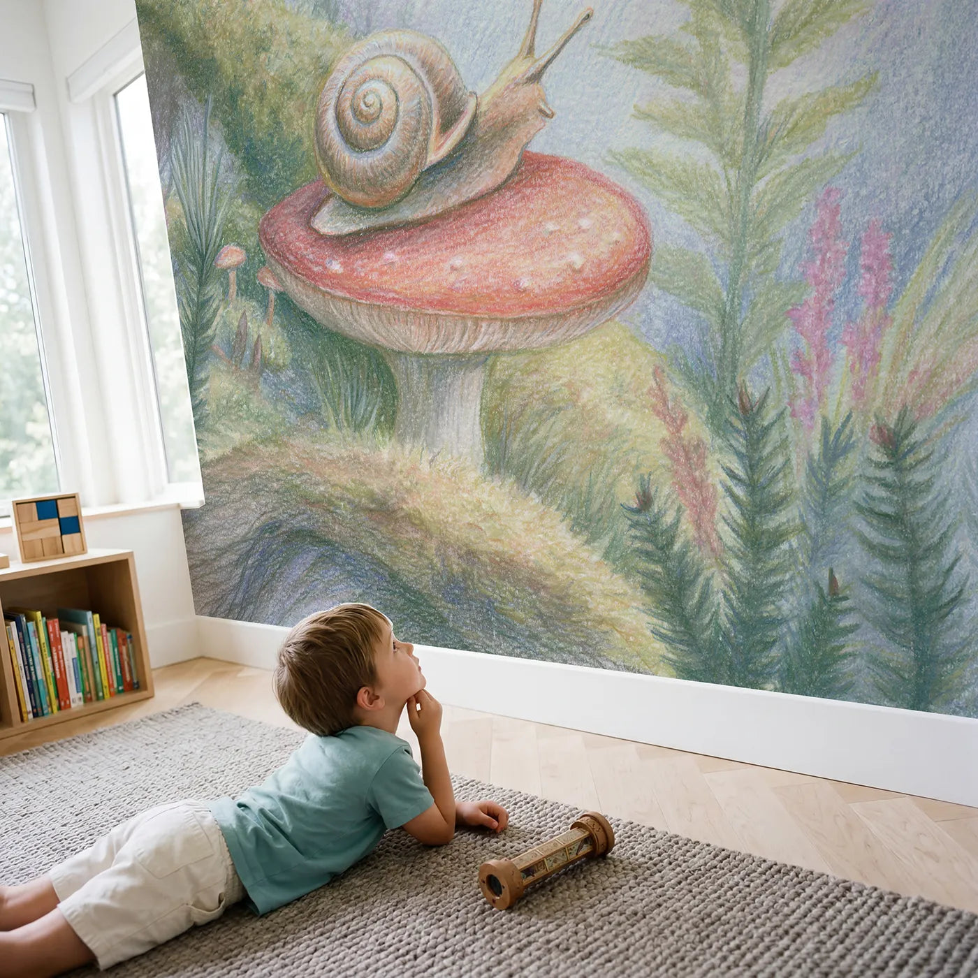 Child in nursery with Snail on a Toadstool Wallpaper Mural by Whimsy Tots