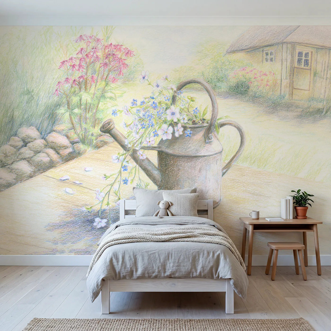 Colored pencil wall mural of a watering can spilling wildflowers by Whimsy Tots