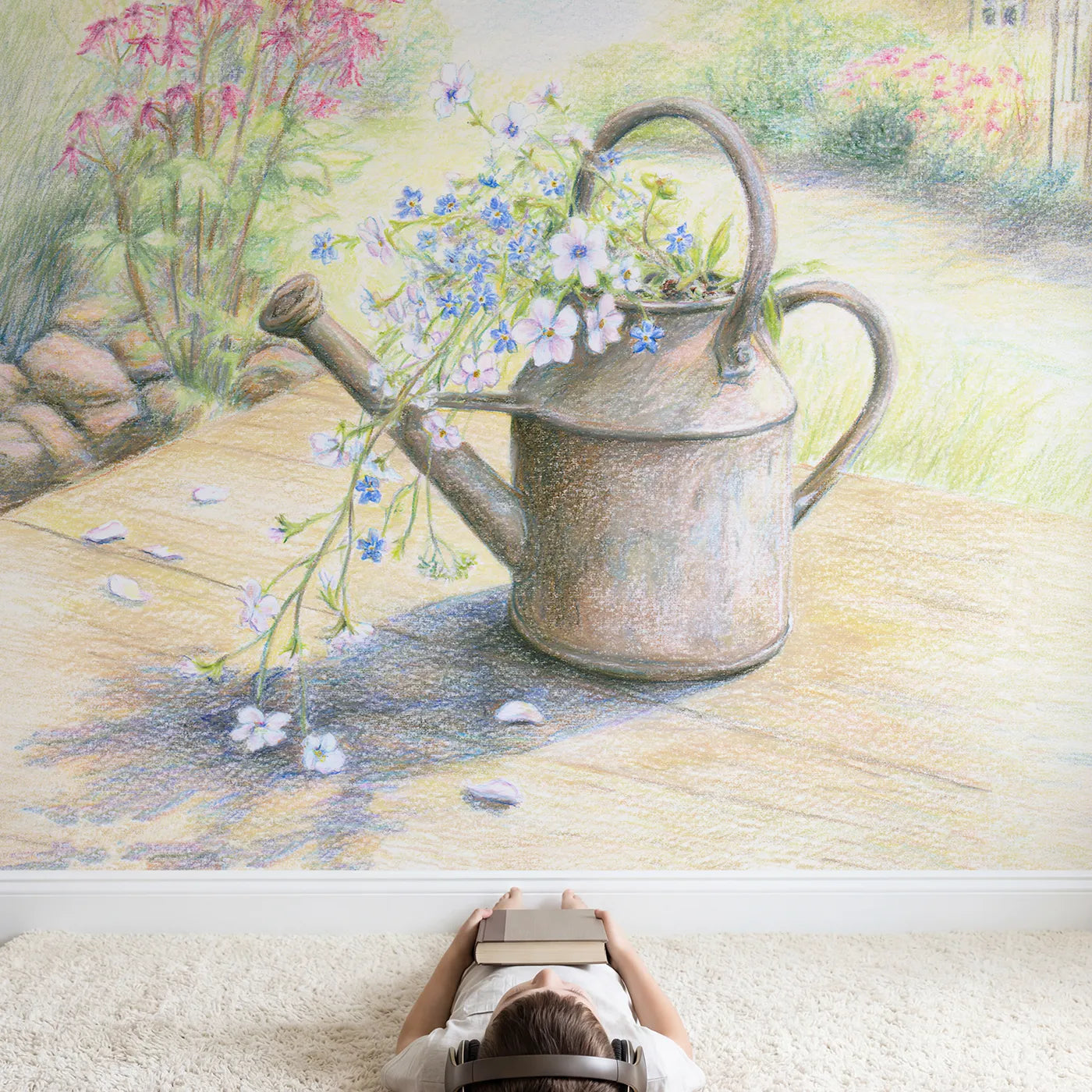 Child in nursery with Watering Can and Wildflowers Wallpaper Mural by Whimsy Tots