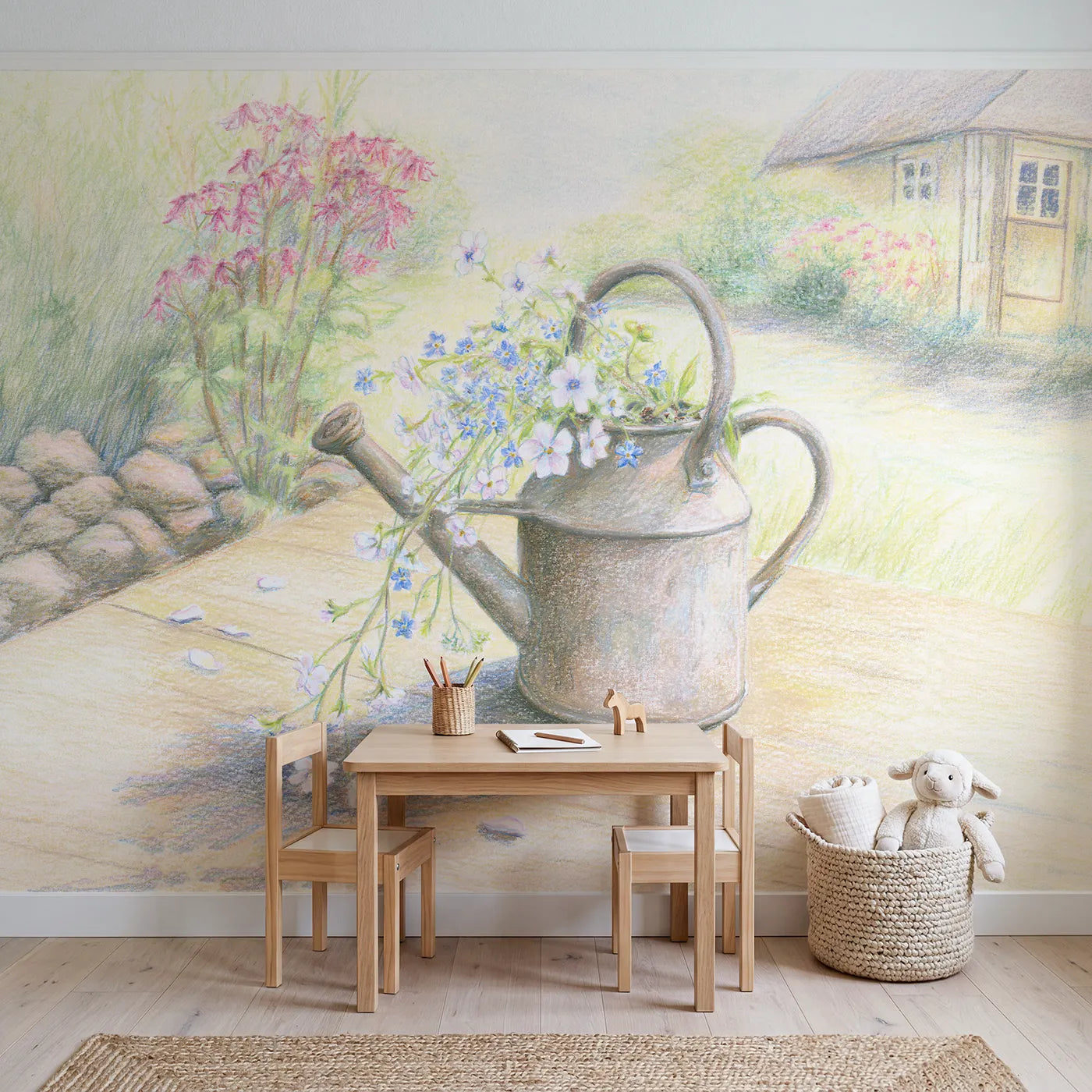Watering Can and Wildflowers Wallpaper Mural in playroom setting by Whimsy Tots