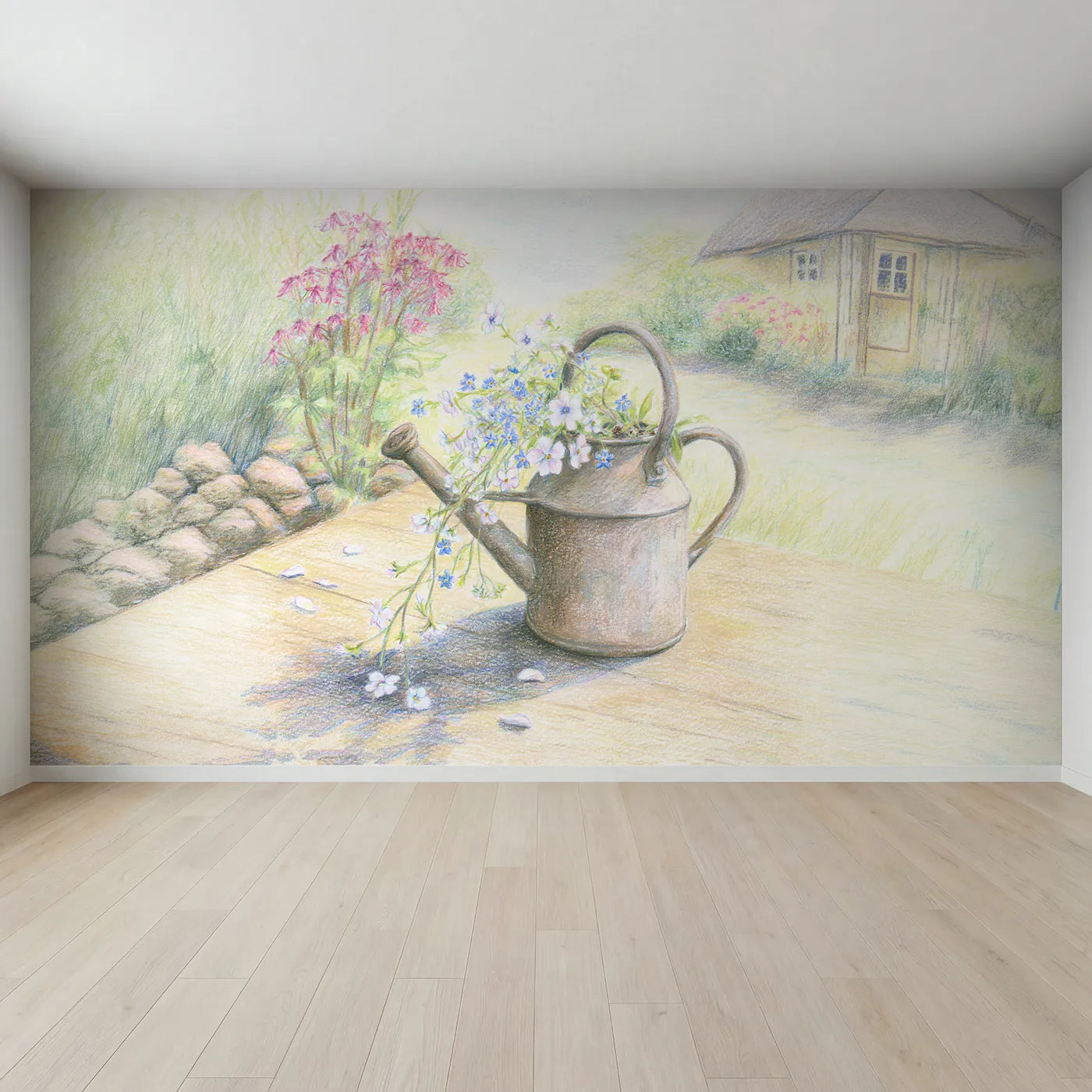 Full view of Watering Can and Wildflowers Wallpaper Mural by Whimsy Tots