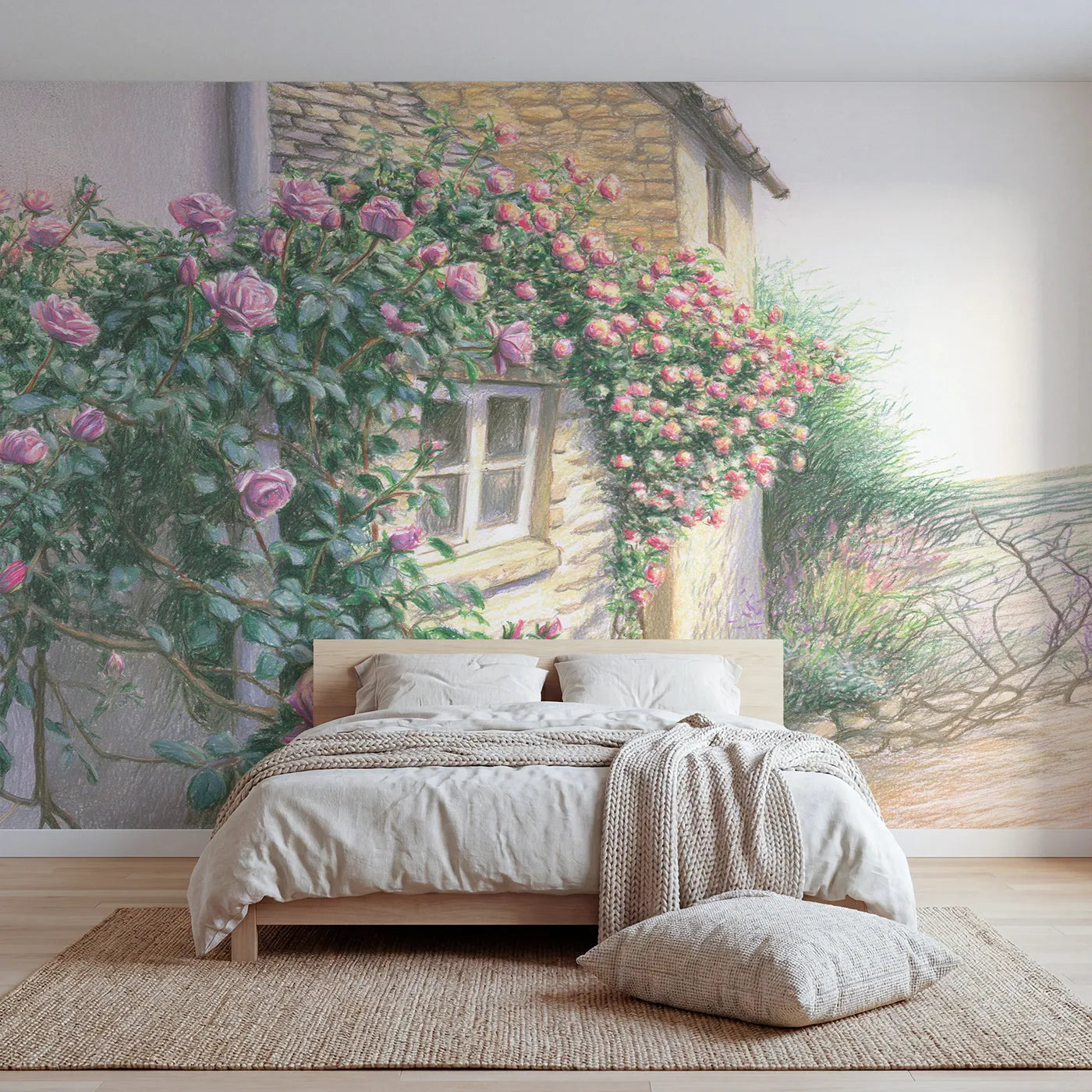 Colored pencil wall mural of climbing roses at a cottage window by Whimsy Tots