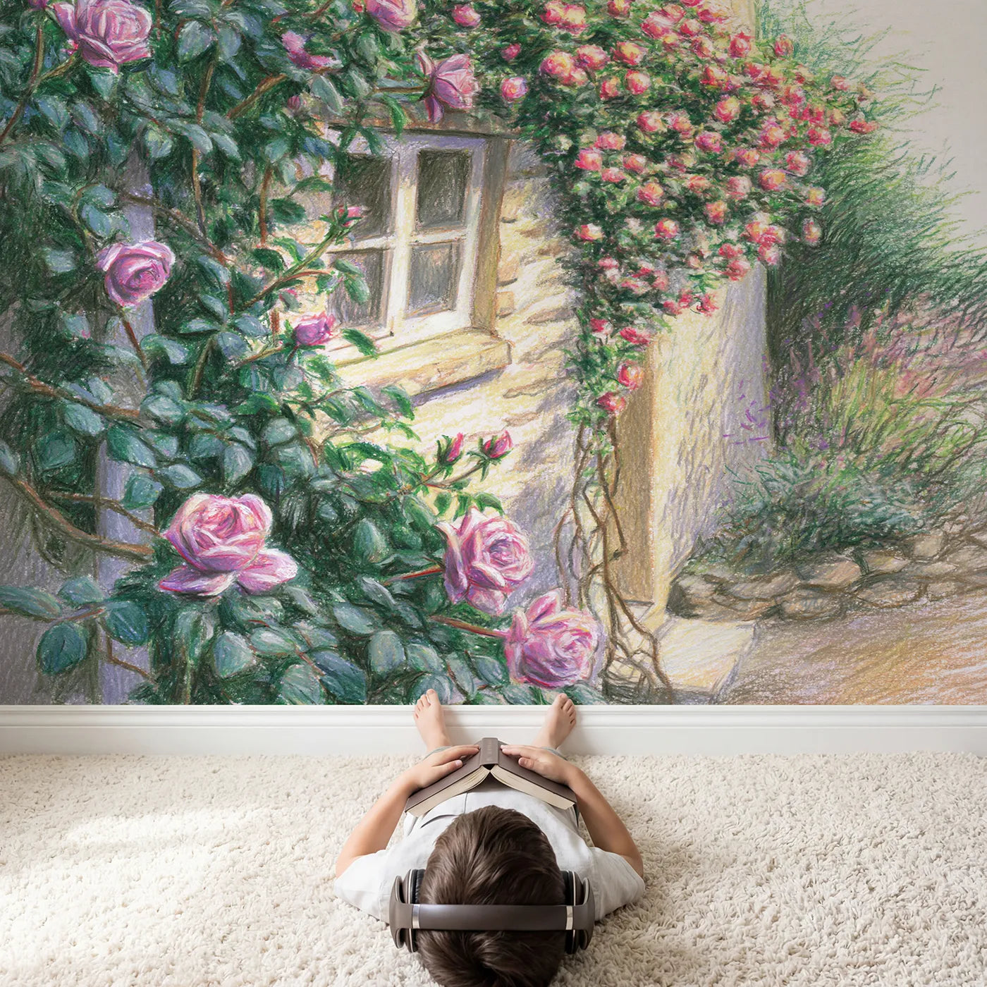 Child in nursery with Climbing Roses at the Window Wallpaper Mural by Whimsy Tots