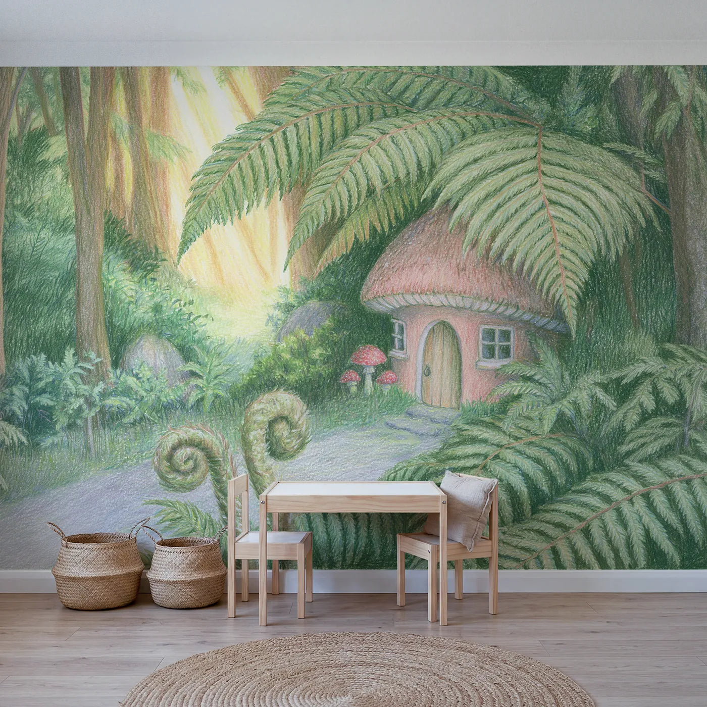 Colored pencil wall mural of a mushroom house under ferns on warm putty by Whimsy Tots