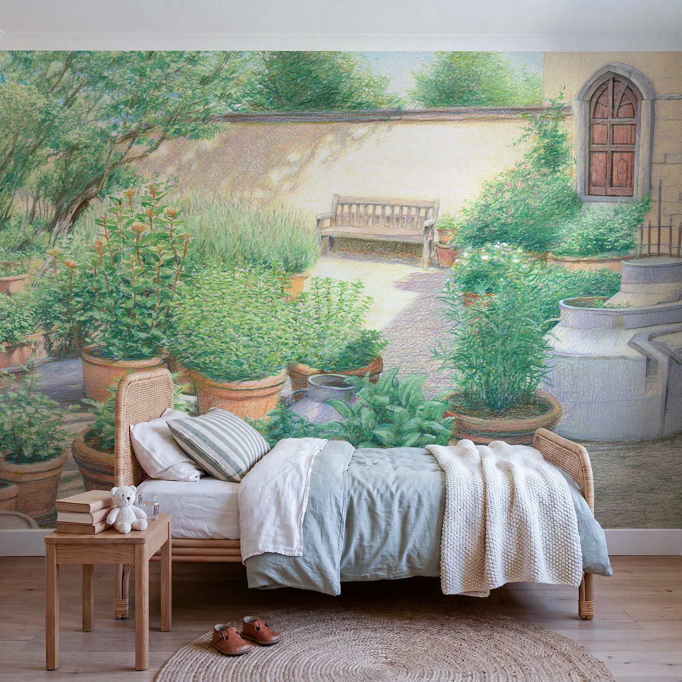 Colored pencil wall mural of terracotta herb pots on warm cream by Whimsy Tots