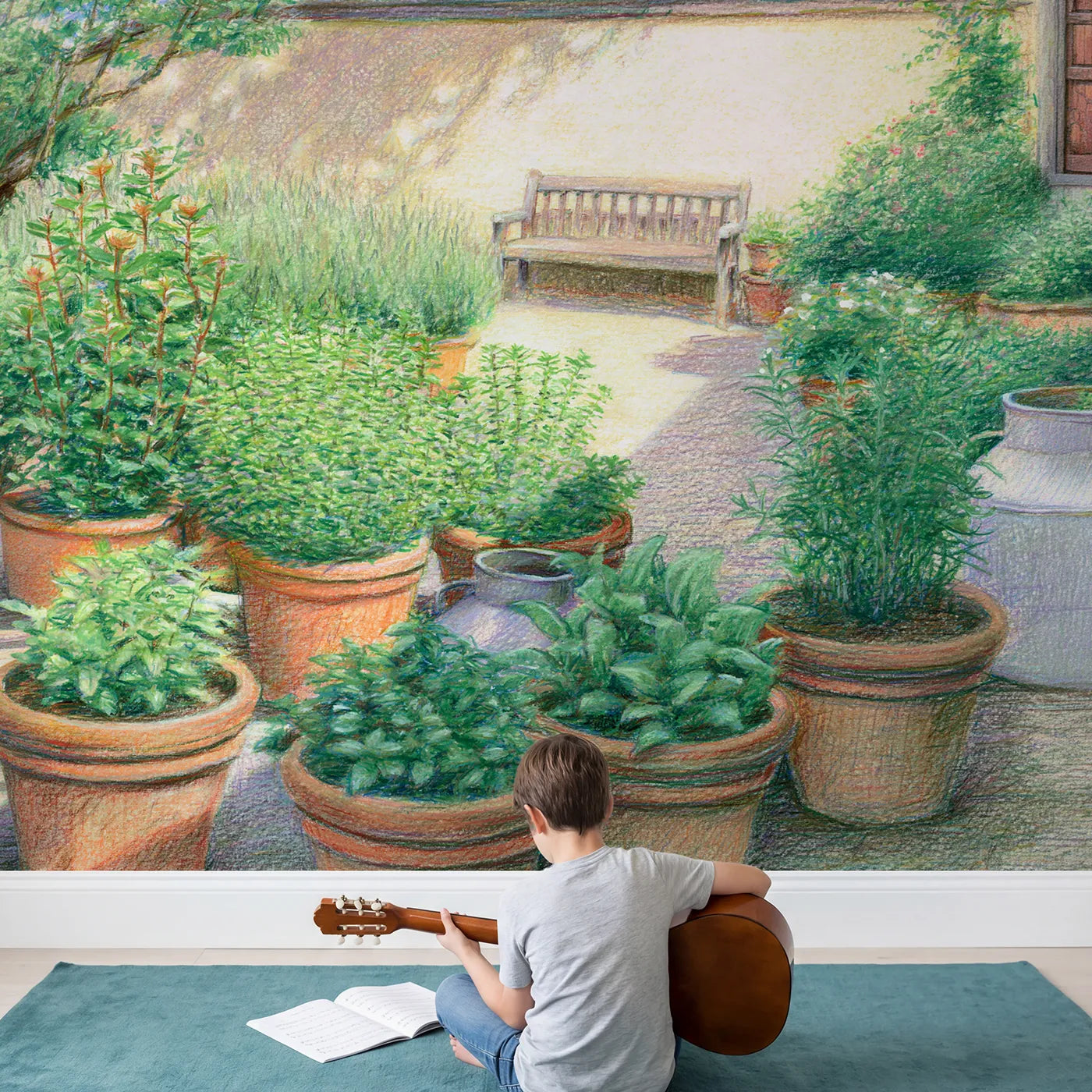 Child in nursery with Terracotta Herb Garden Wallpaper Mural by Whimsy Tots