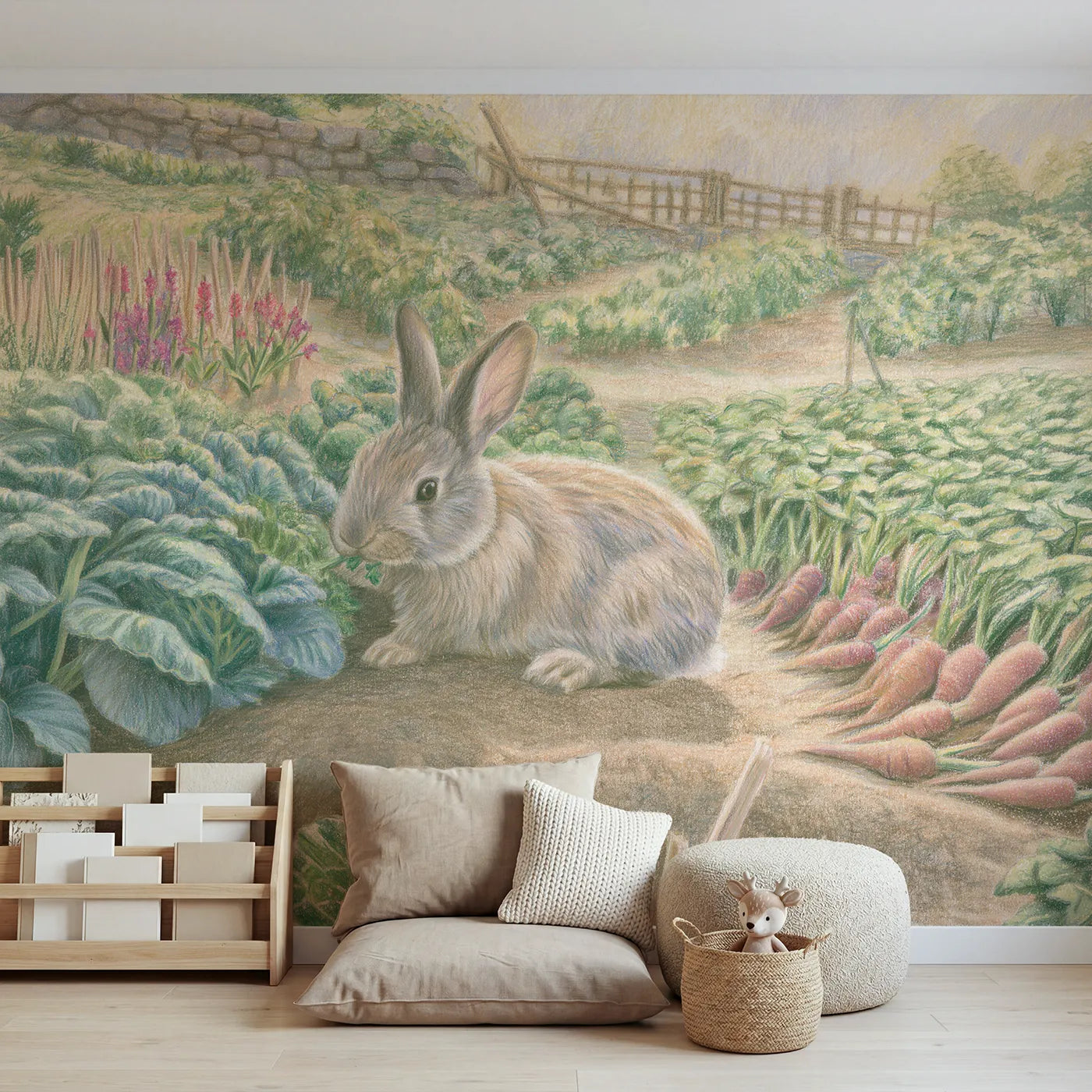 Colored pencil wall mural of a rabbit in a veggie patch on warm cream by Whimsy Tots