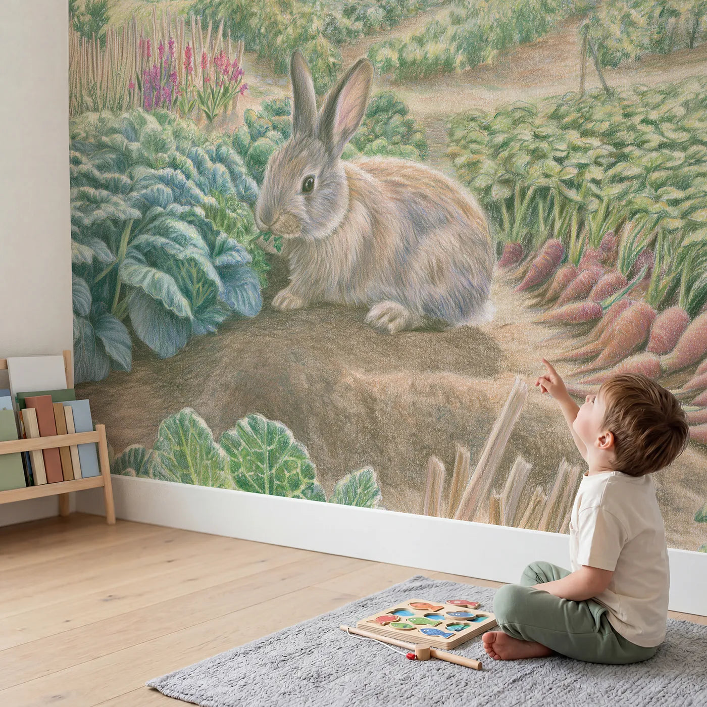 Child in nursery with Rabbit in the Veggie Patch Wallpaper Mural by Whimsy Tots