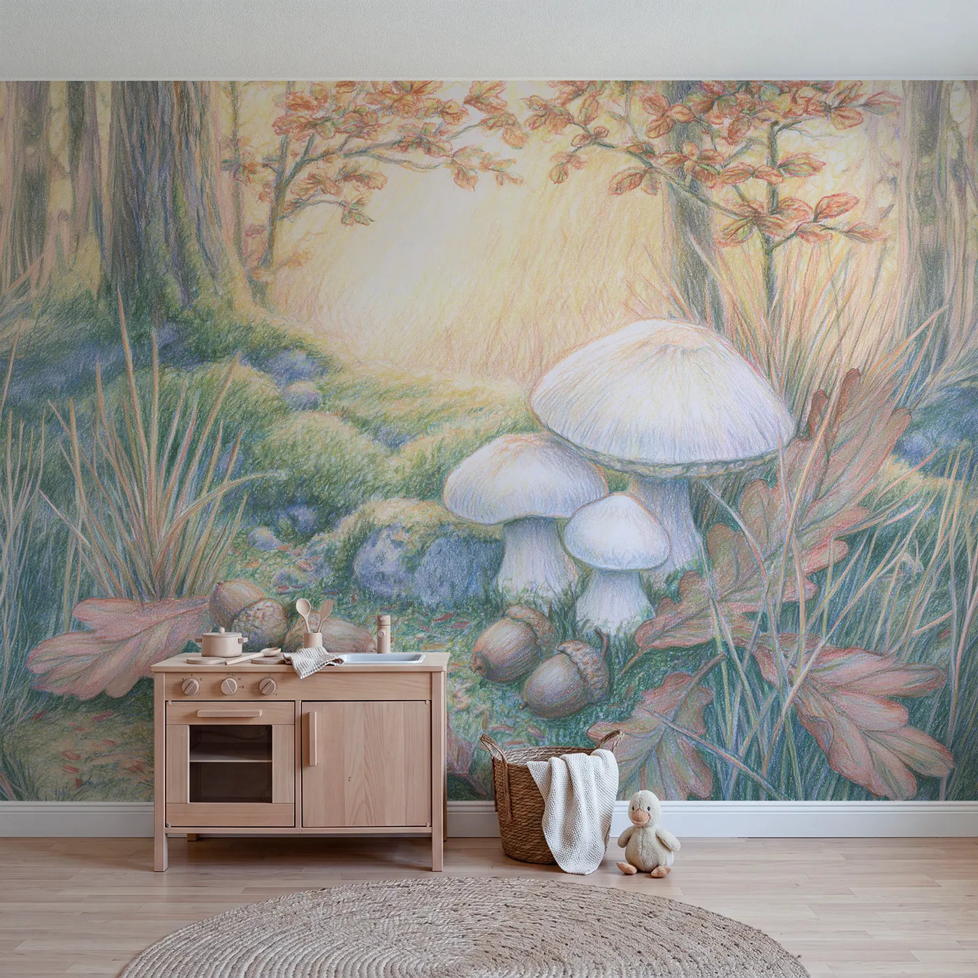 Colored pencil wall mural of toadstools and acorns on warm putty by Whimsy Tots
