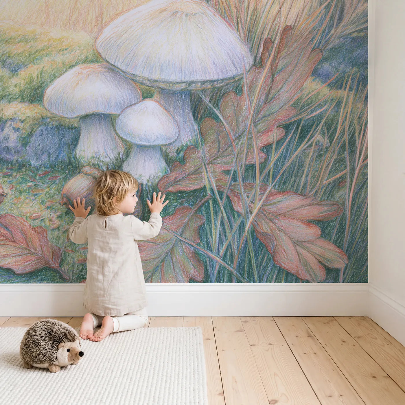 Child in nursery with Toadstool and Acorn Floor Wallpaper Mural by Whimsy Tots