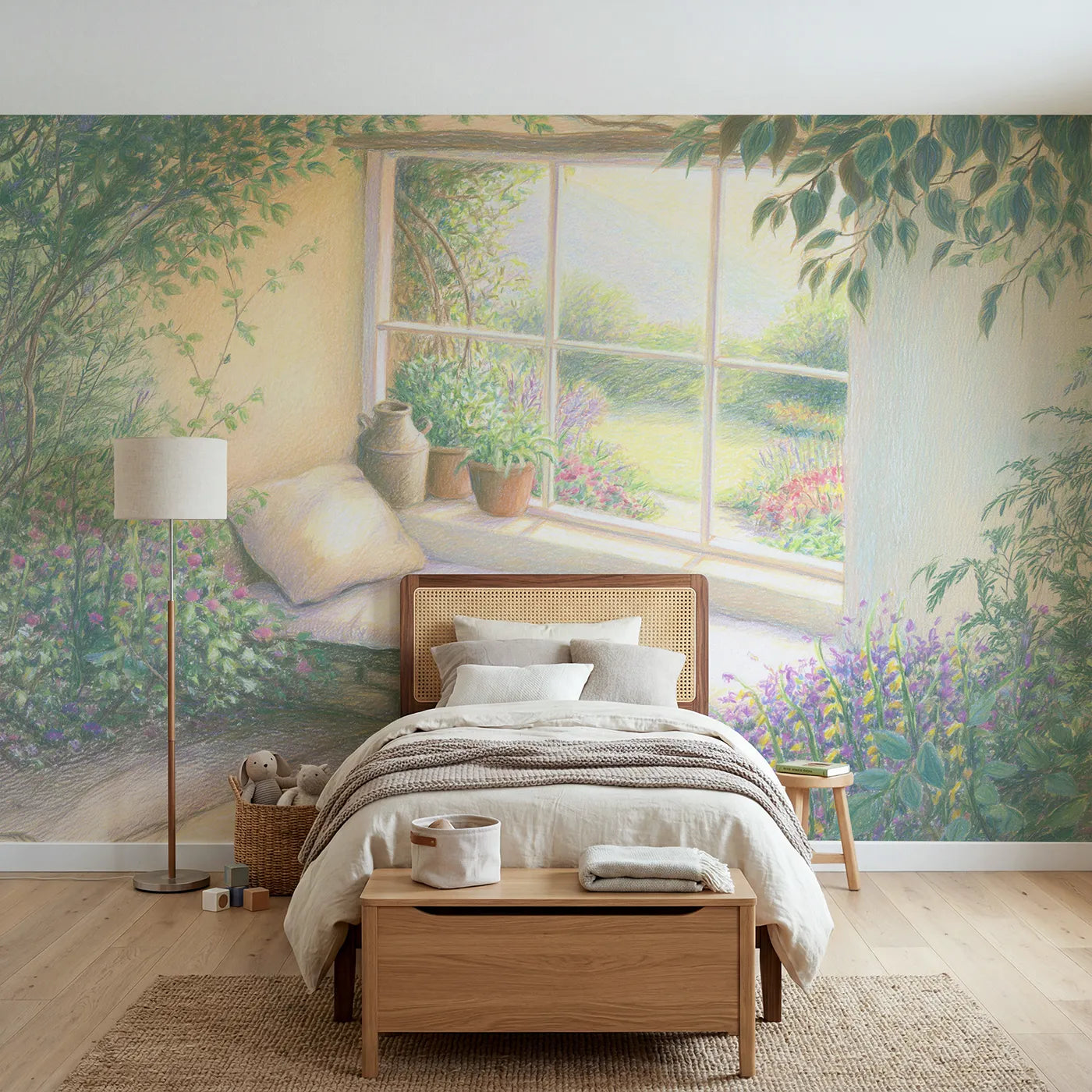 Colored pencil wall mural of a cottage window nook on warm cream by Whimsy Tots
