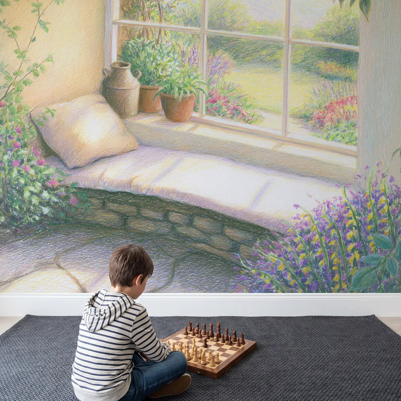 Child in nursery with Cozy Cottage Window Nook Wallpaper Mural by Whimsy Tots