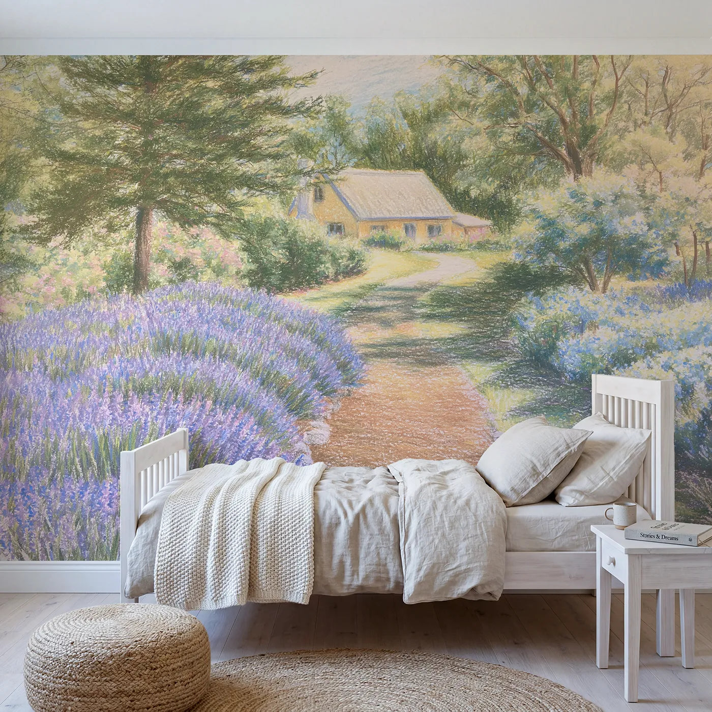 Colored pencil wall mural of a lavender path to a cottage on warm cream by Whimsy Tots
