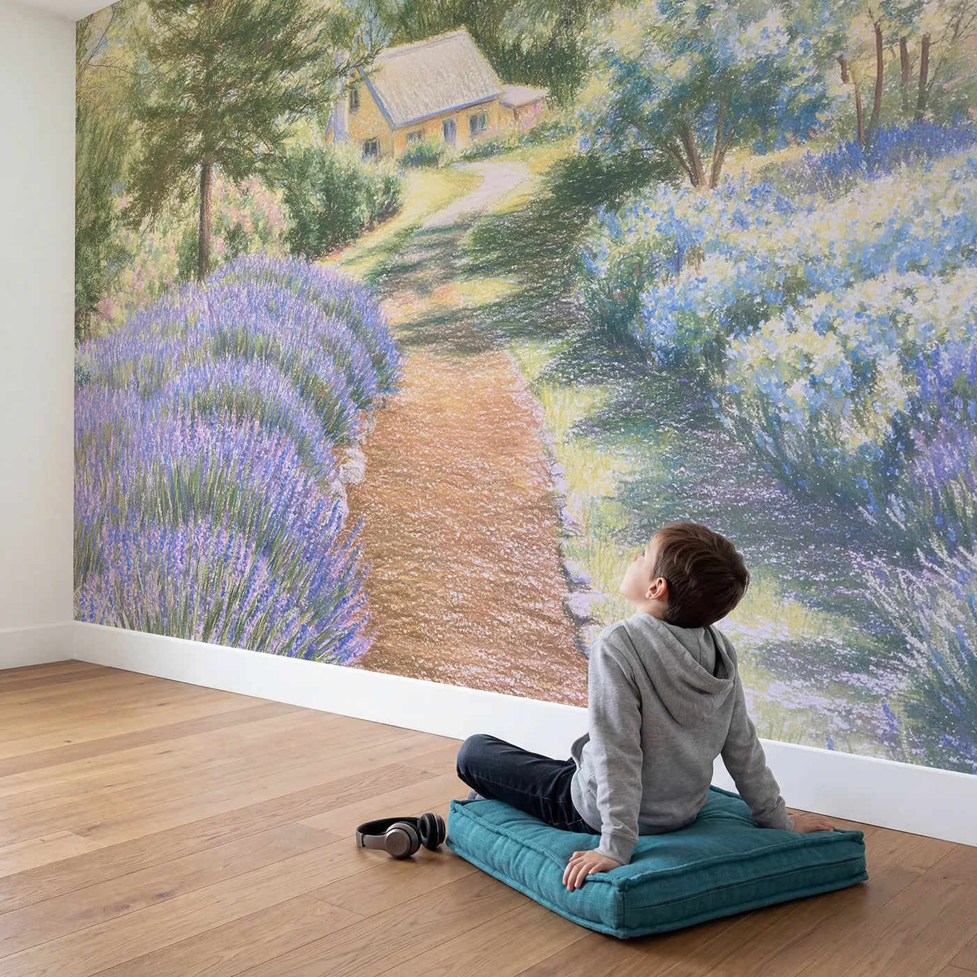 Child in nursery with Lavender Cottage Path Wallpaper Mural by Whimsy Tots