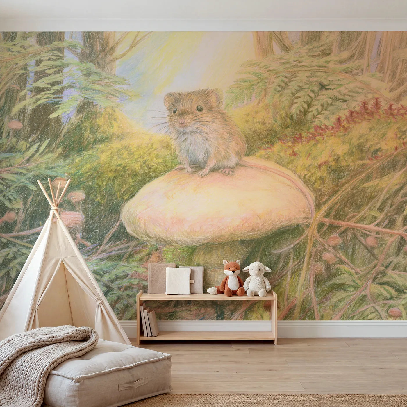Colored pencil wall mural of a mouse on a mushroom cap on warm putty by Whimsy Tots
