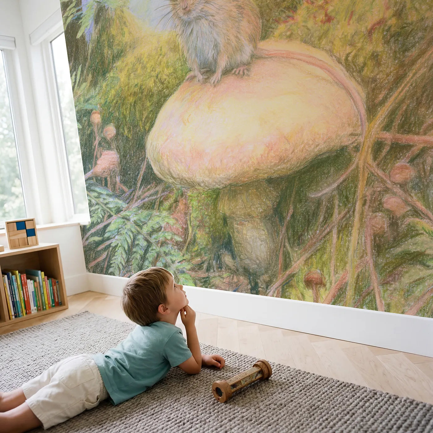 Child in nursery with Mouse on a Mushroom Cap Wallpaper Mural by Whimsy Tots