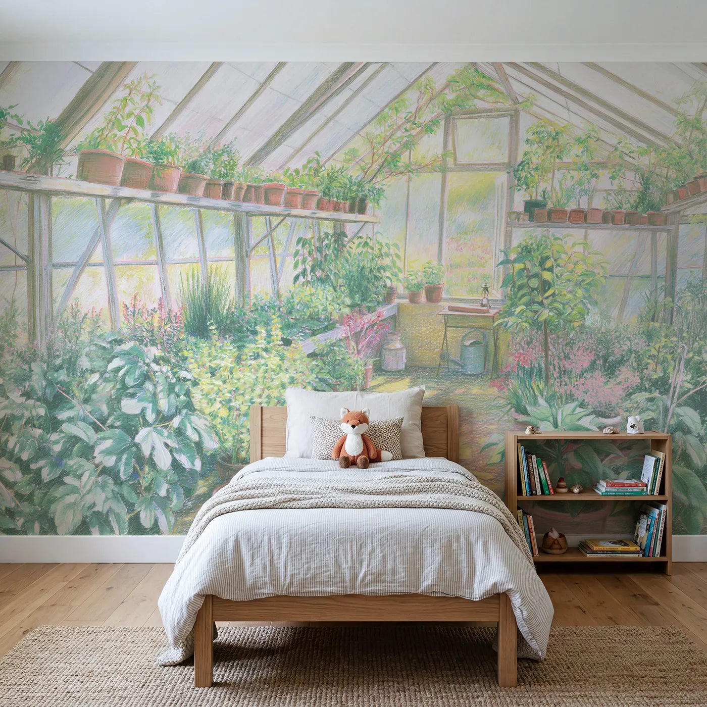 Colored pencil wall mural of a sunlit greenhouse on warm cream by Whimsy Tots