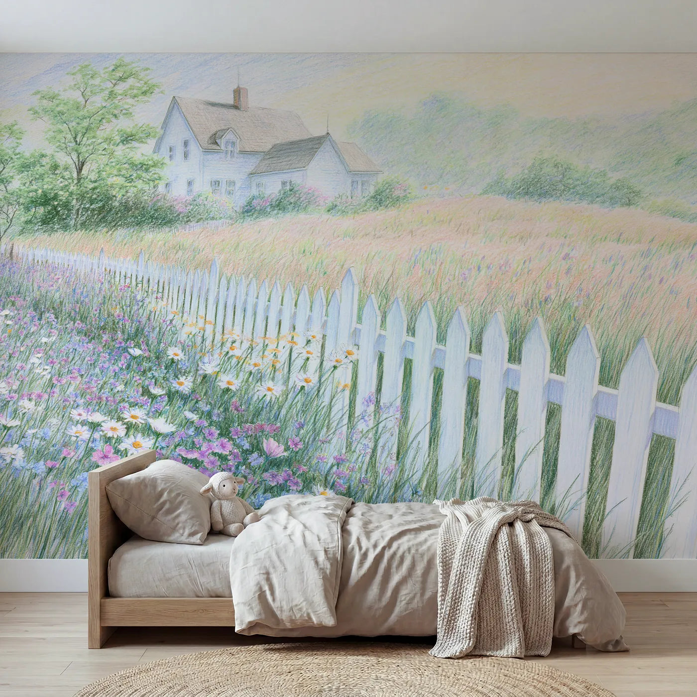 Colored pencil wall mural of a meadow behind a picket fence on pale sage by Whimsy Tots