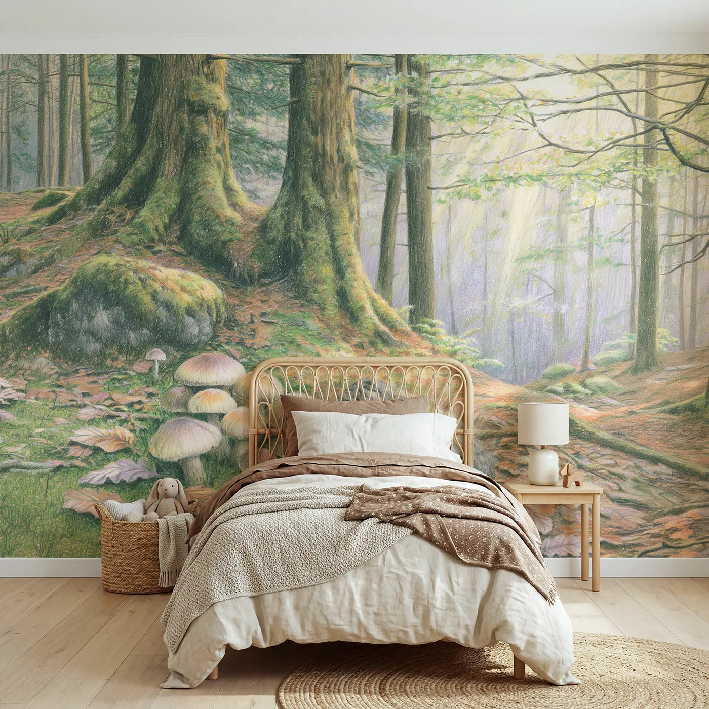 Colored pencil wall mural of a fairy ring in dappled woodland on pale sage by Whimsy Tots