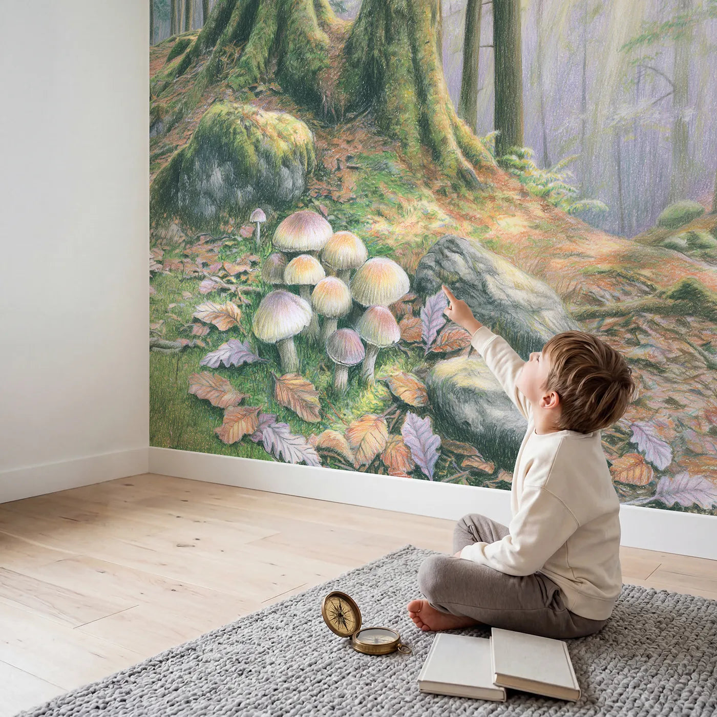 Child in nursery with Fairy-Ring Woodland Wallpaper Mural by Whimsy Tots