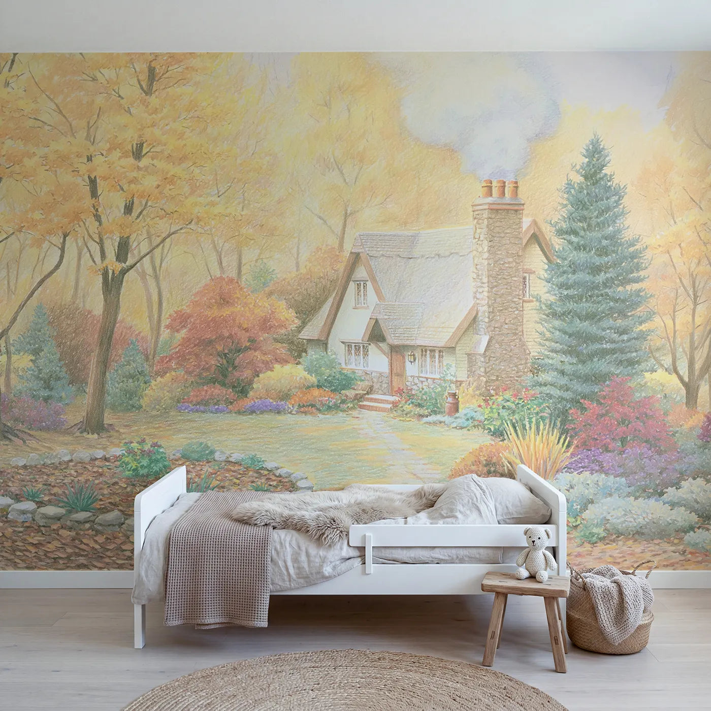 Colored pencil wall mural of an autumn cottage with chimney smoke by Whimsy Tots