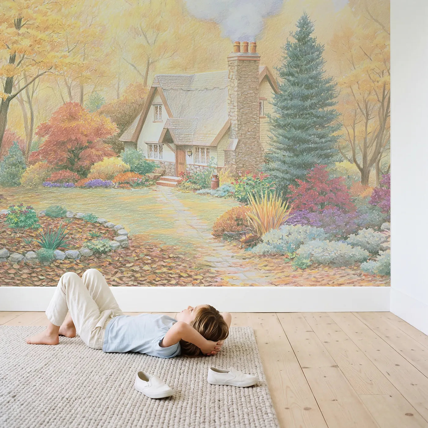 Child in nursery with Autumn Cottage Chimney Wallpaper Mural by Whimsy Tots