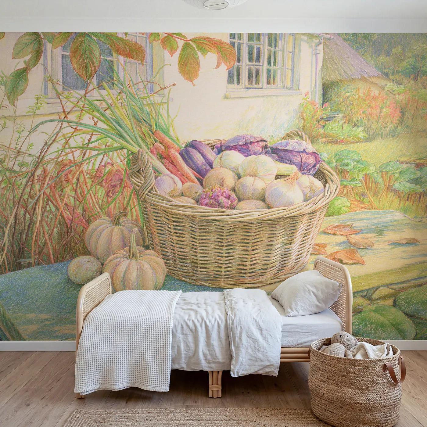 Colored pencil wall mural of a vegetable basket on warm cream by Whimsy Tots