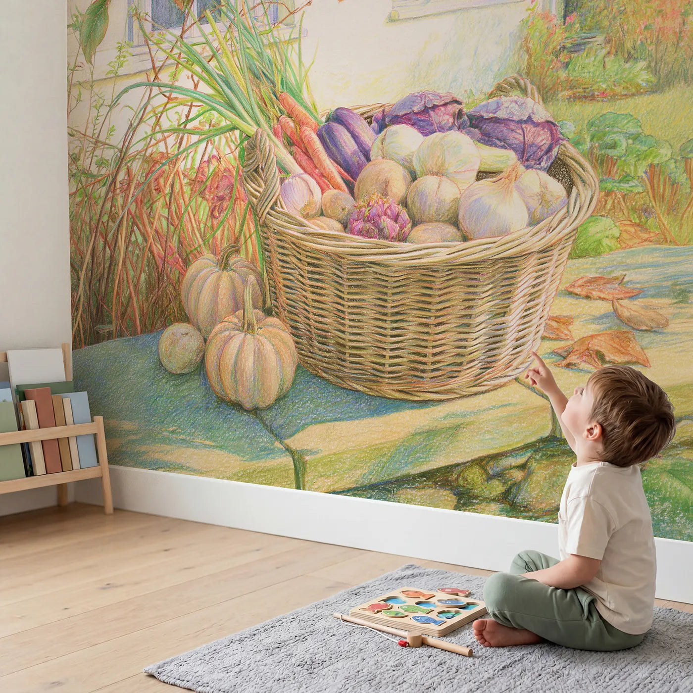 Child in nursery with Basket of Garden Vegetables Wallpaper Mural by Whimsy Tots