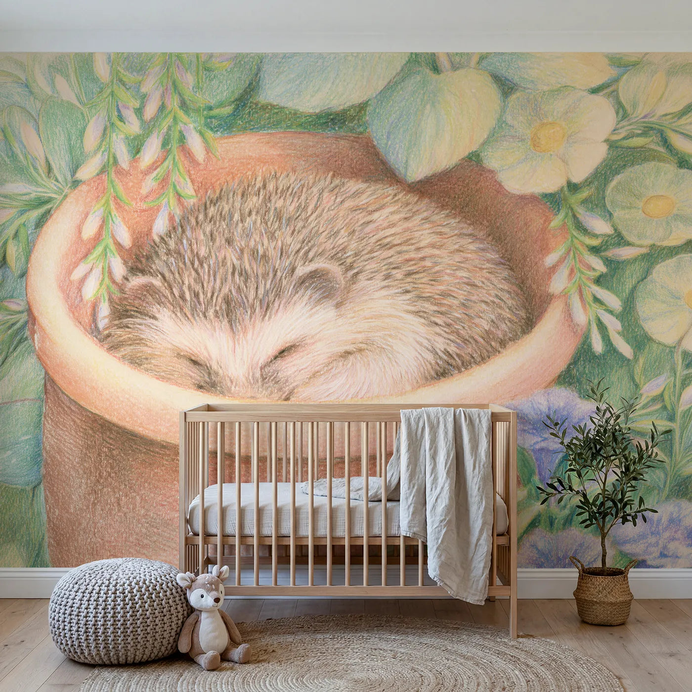Colored pencil wall mural of a hedgehog in a terracotta pot by Whimsy Tots