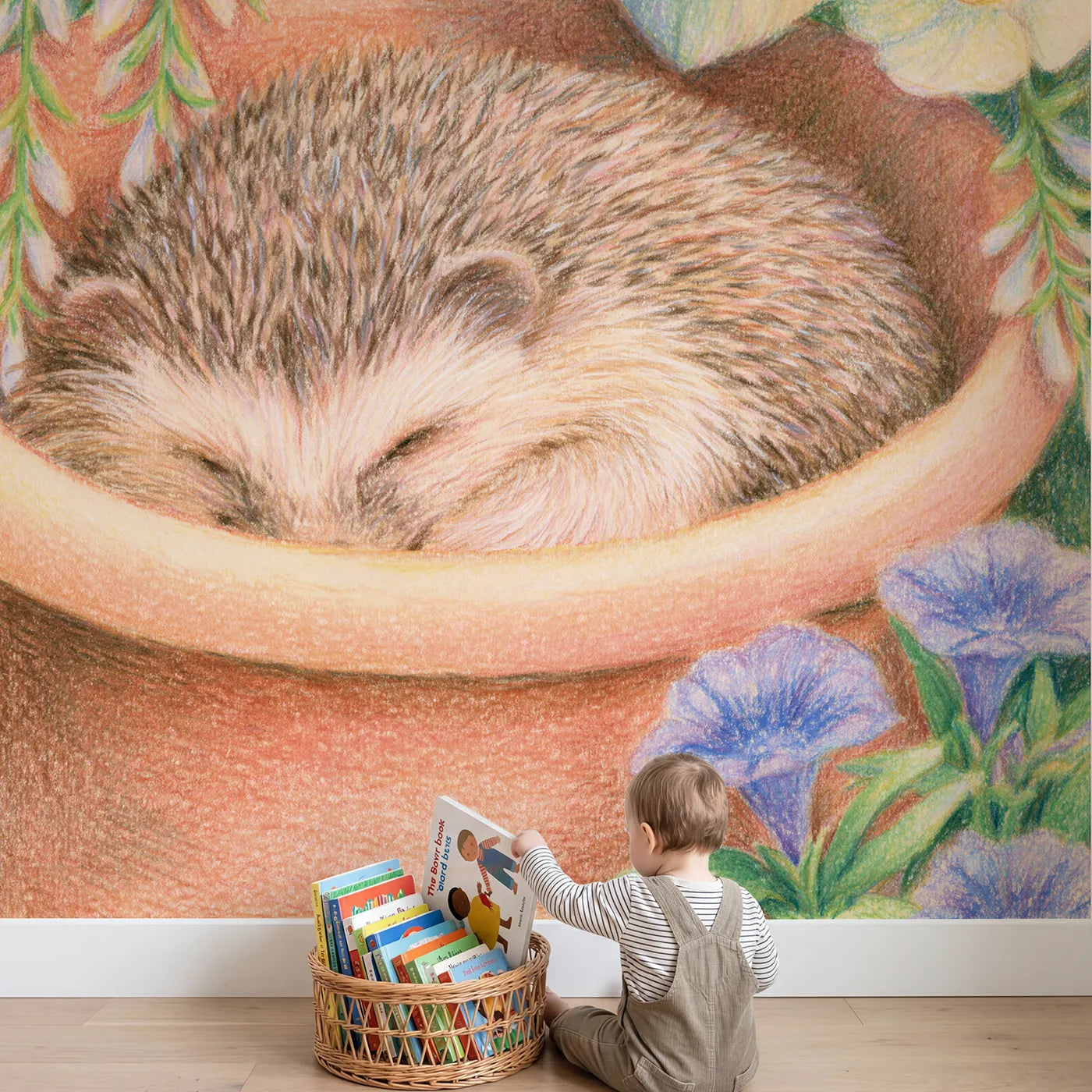 Child in nursery with Hedgehog in a Flower Pot Wallpaper Mural by Whimsy Tots