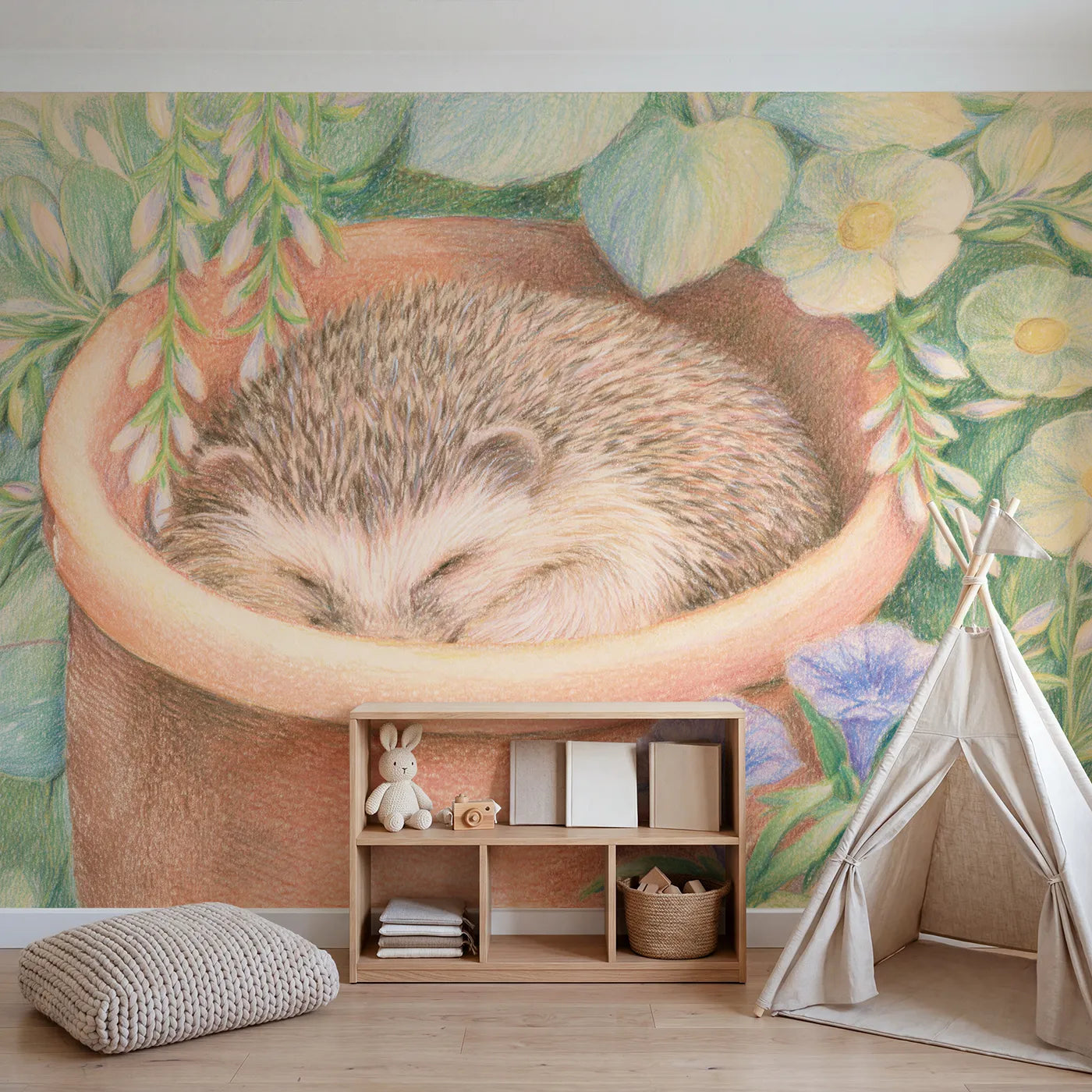 Hedgehog in a Flower Pot Wallpaper Mural in playroom setting by Whimsy Tots