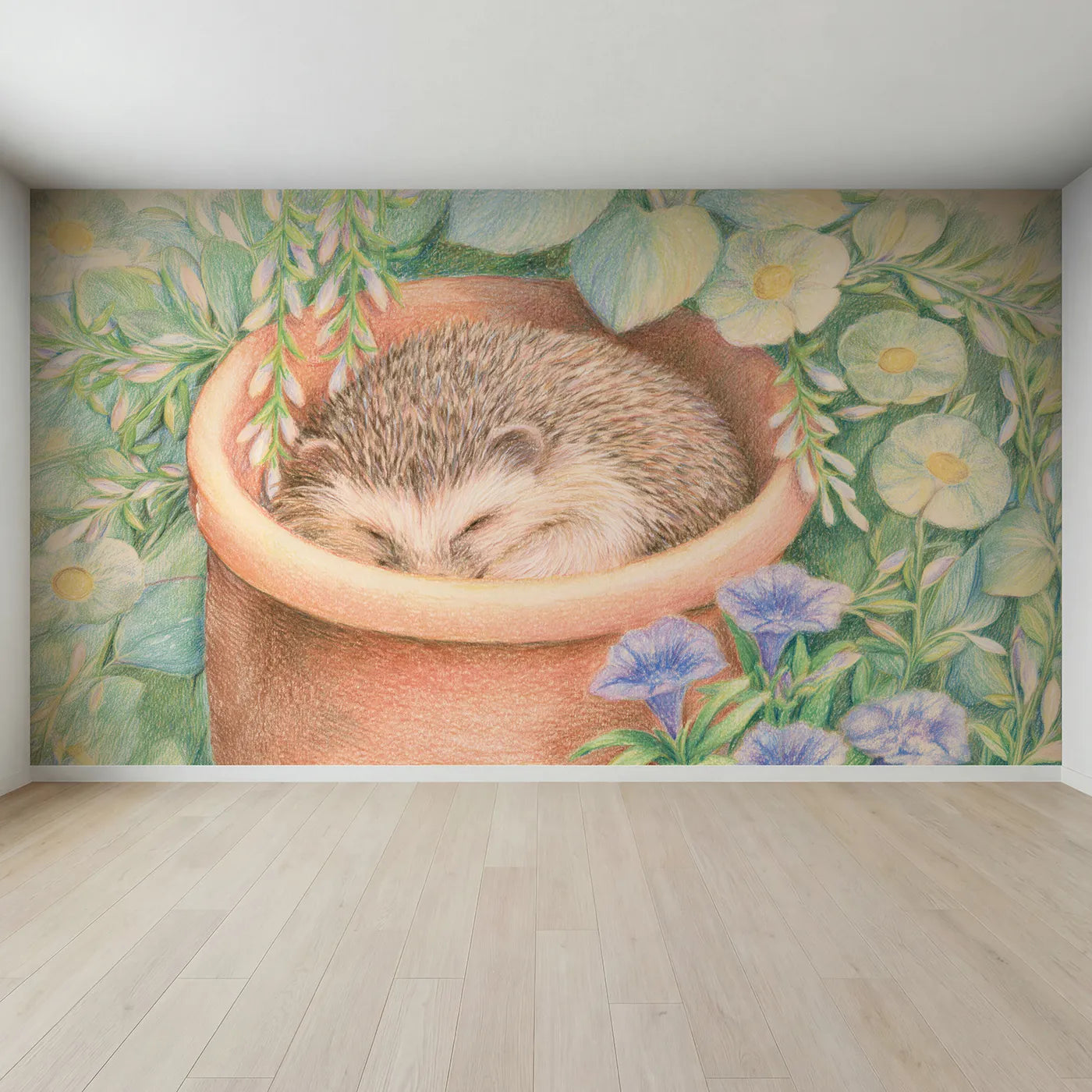 Full view of Hedgehog in a Flower Pot Wallpaper Mural by Whimsy Tots