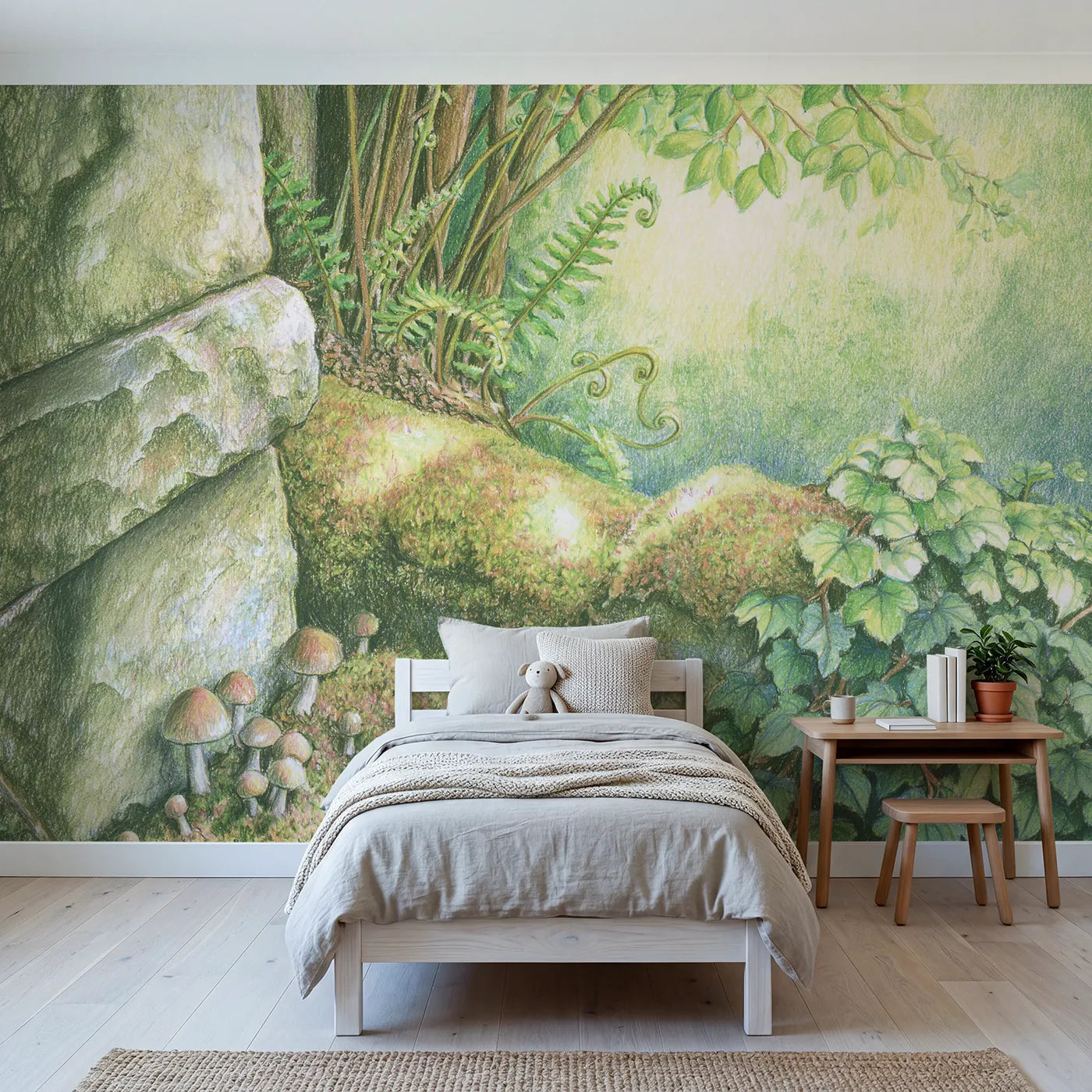 Colored pencil wall mural of a mossy corner with mushrooms on pale sage by Whimsy Tots