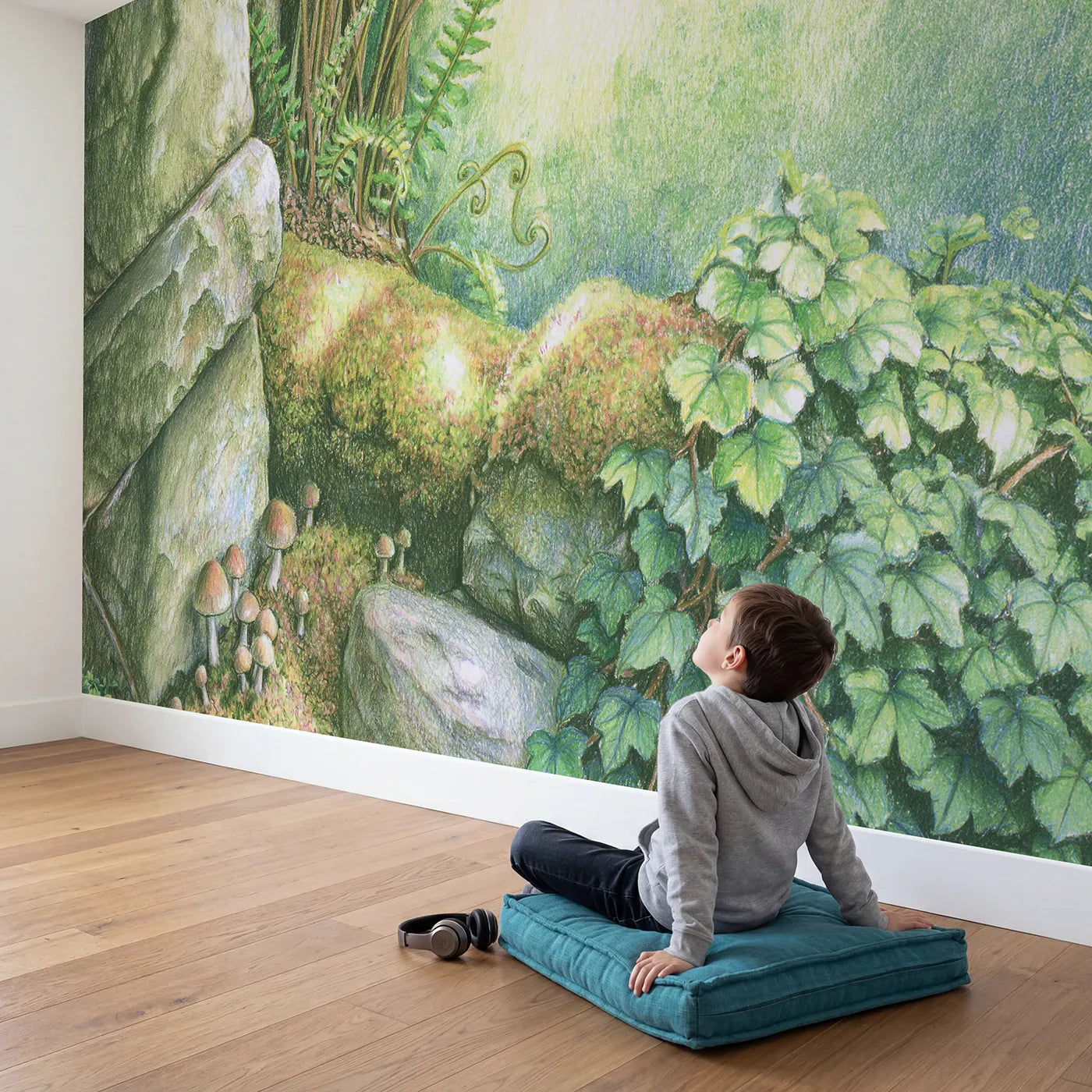 Child in nursery with Mossy Garden Terrarium Wallpaper Mural by Whimsy Tots