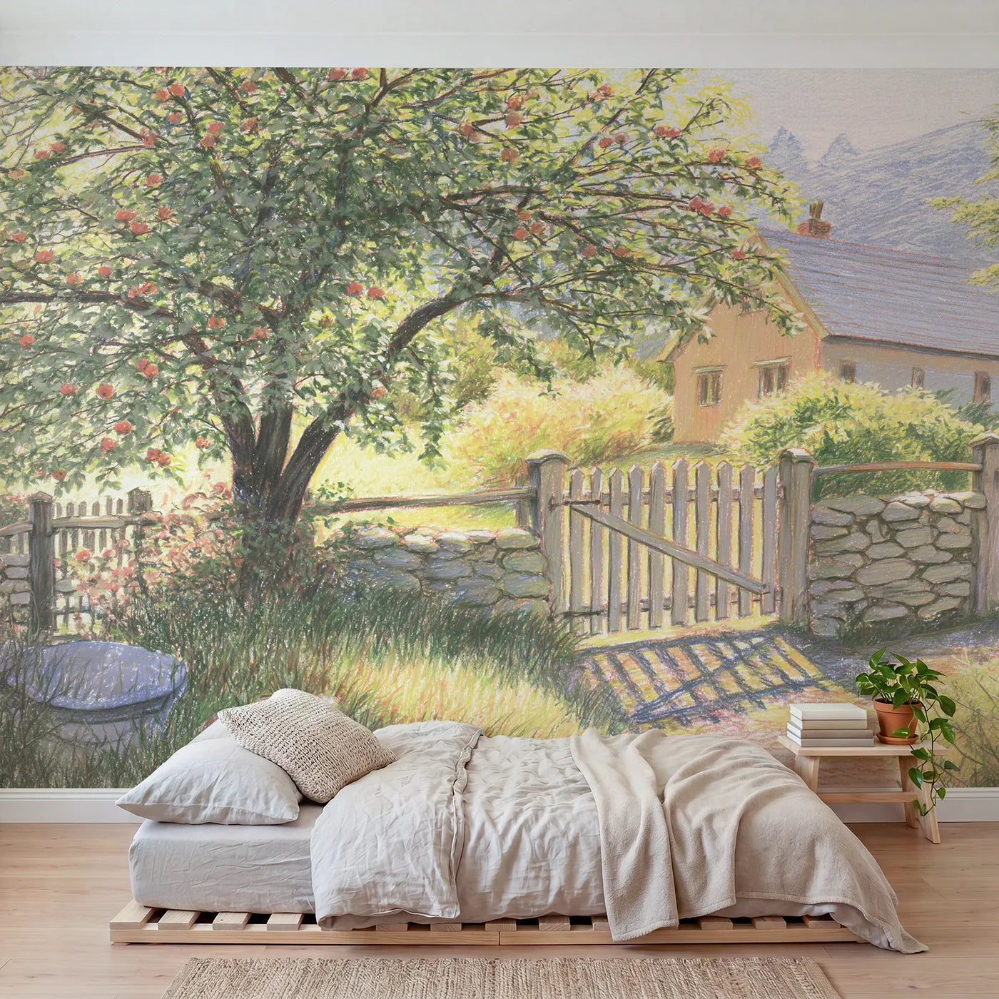 Colored pencil wall mural of an apple tree by a cottage gate by Whimsy Tots