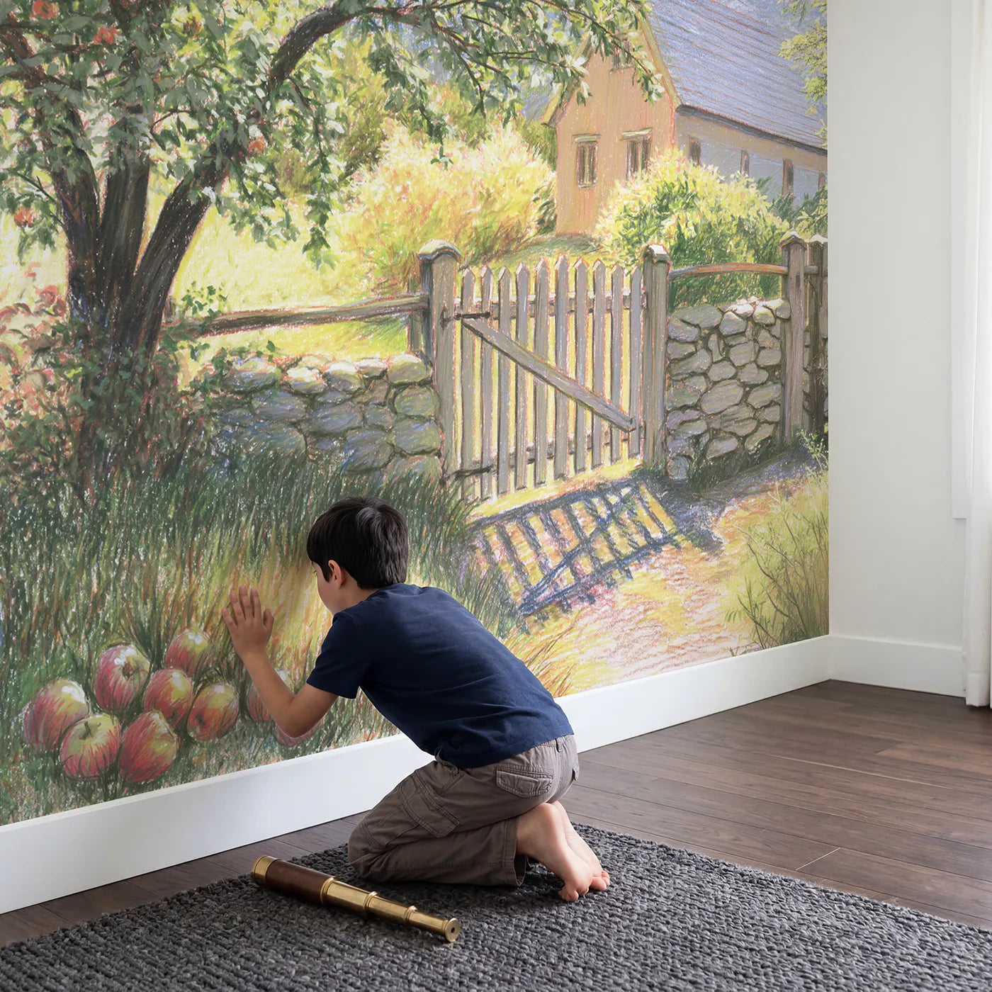 Child in nursery with Apple Tree by the Gate Wallpaper Mural by Whimsy Tots