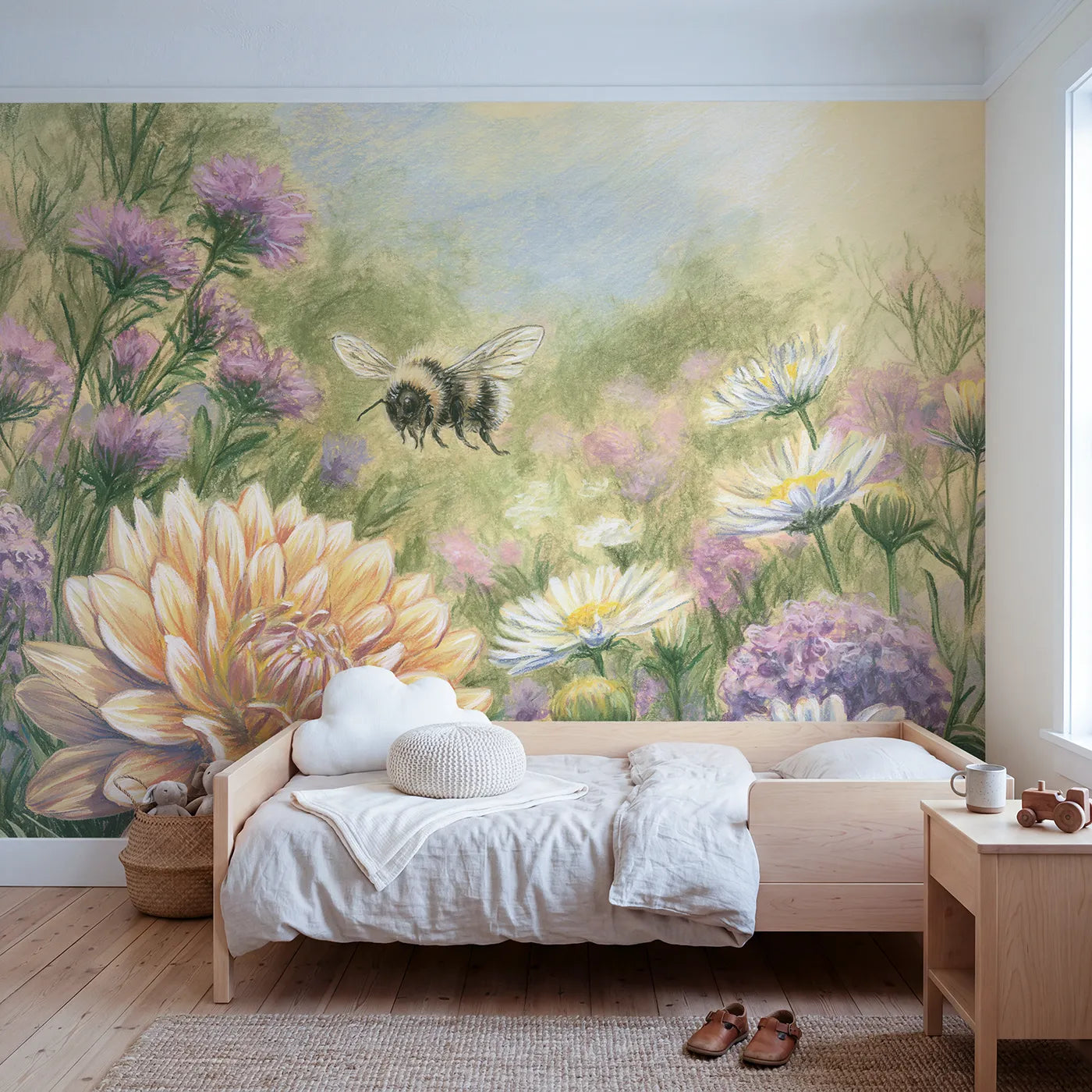 Colored pencil wall mural of a bumblebee over cottage flowers by Whimsy Tots