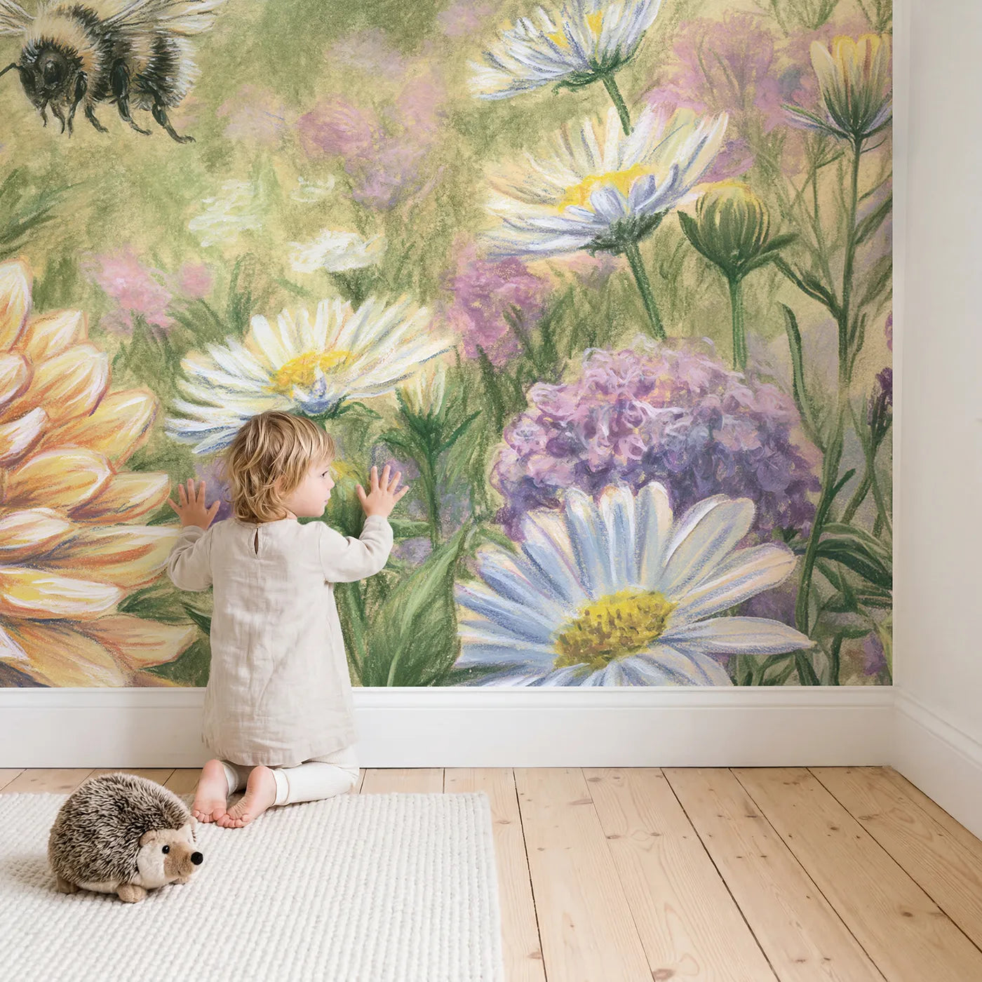 Child in nursery with Bee on Cottage Flowers Wallpaper Mural by Whimsy Tots
