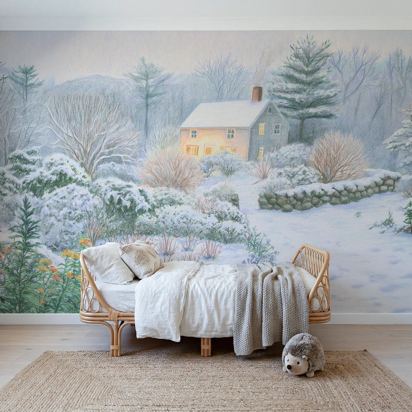 Colored pencil wall mural of a snowy glowing cottage on cool cream by Whimsy Tots