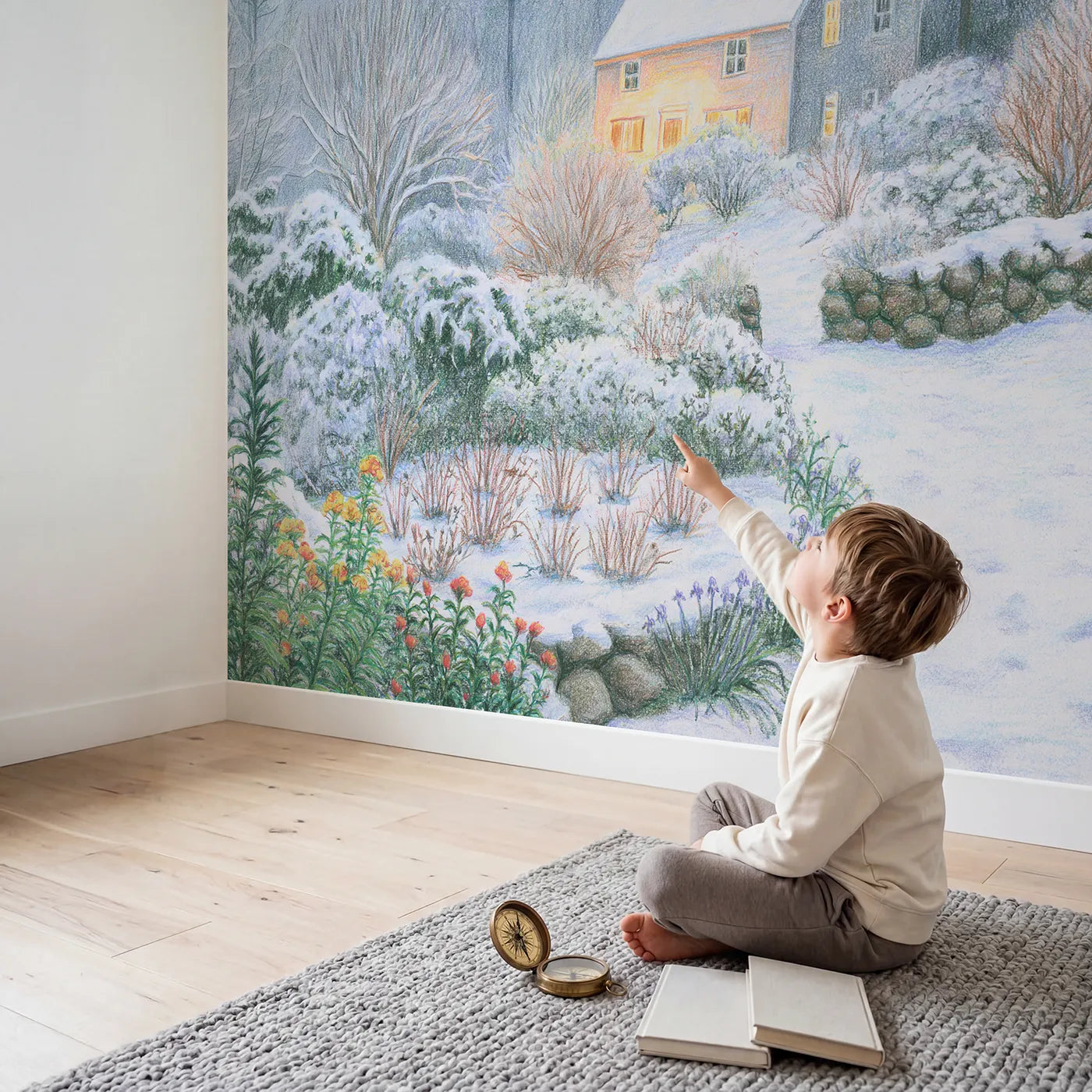 Child in nursery with Snowy Cottage Wallpaper Mural by Whimsy Tots
