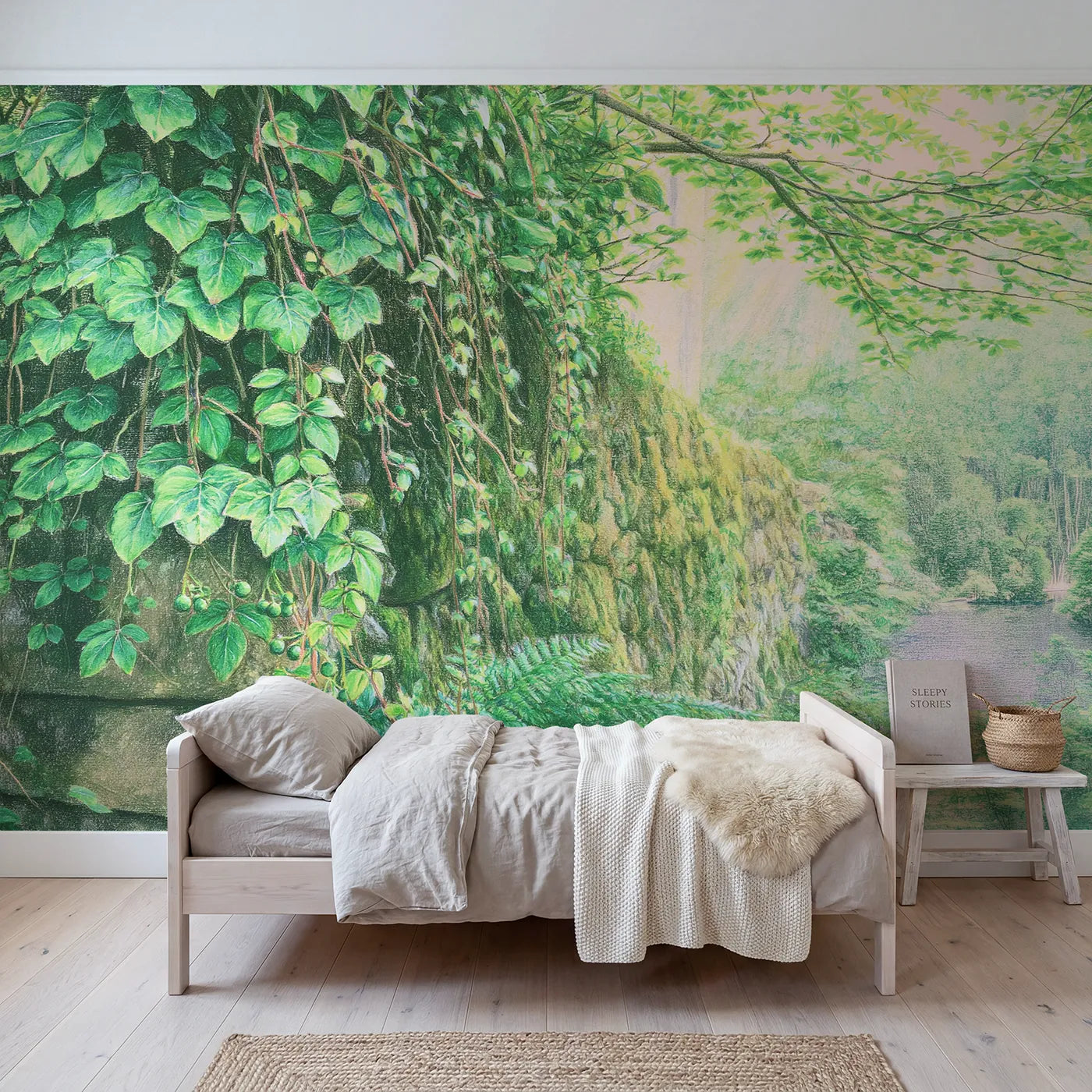 Colored pencil wall mural of ivy trailing over old stones on warm cream by Whimsy Tots