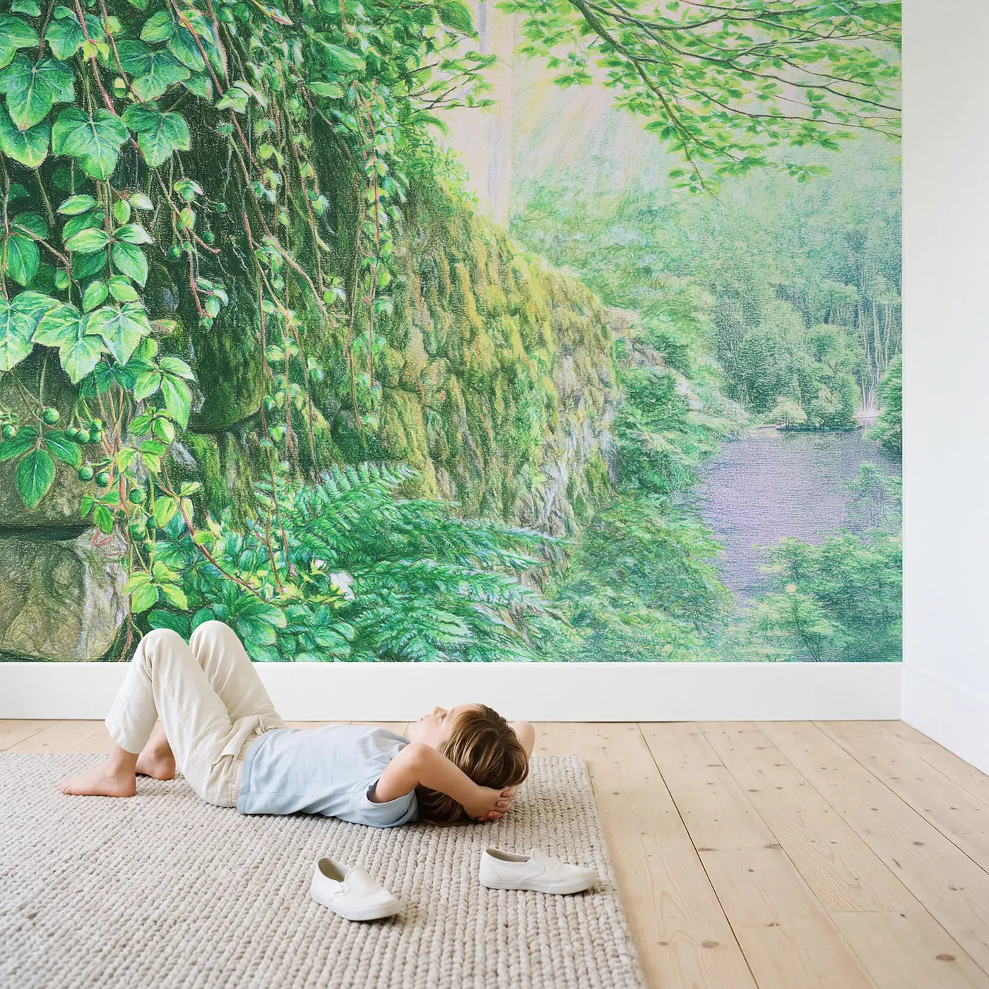 Child in nursery with Ivy Stone Wall Wallpaper Mural by Whimsy Tots