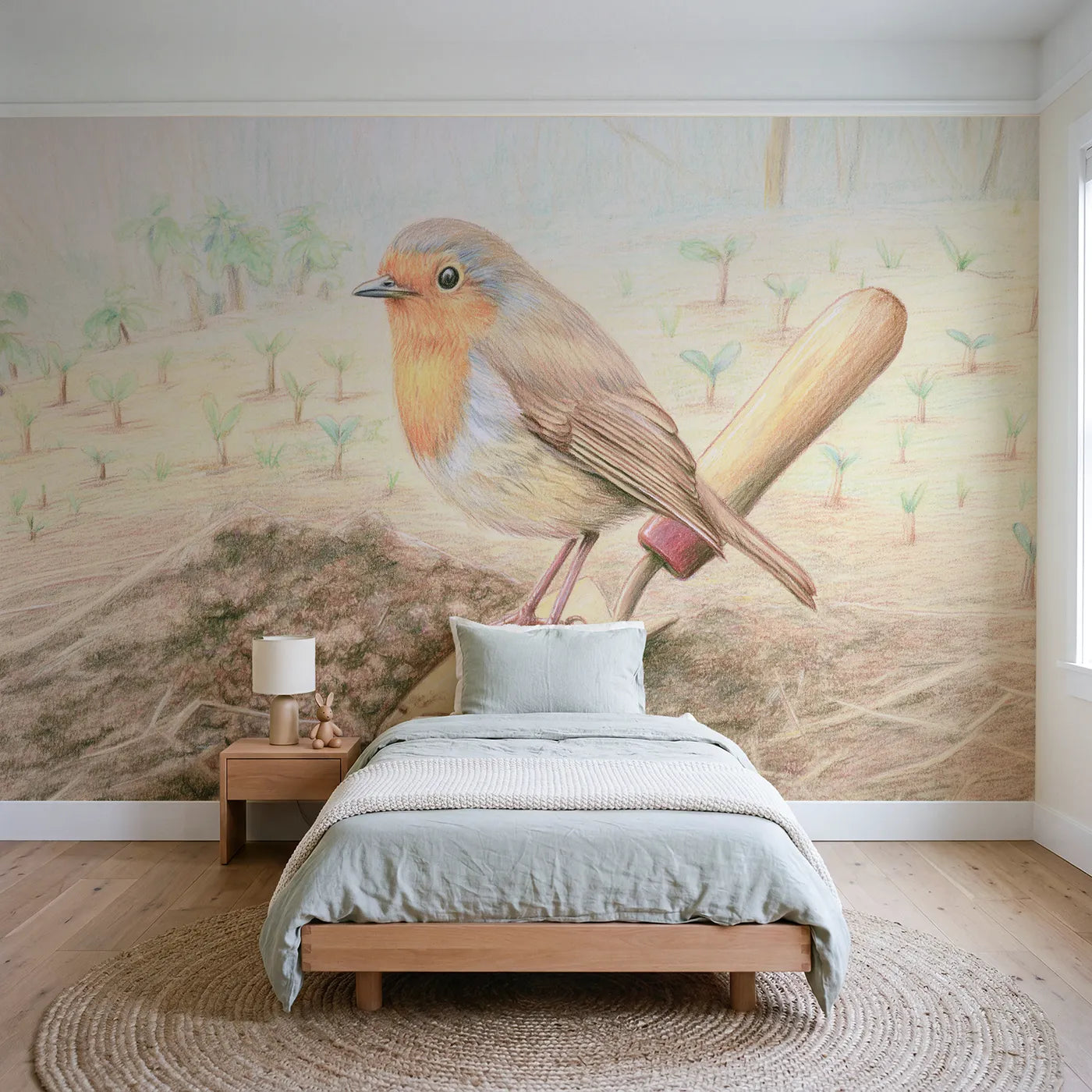 Colored pencil wall mural of a robin on a garden trowel by Whimsy Tots